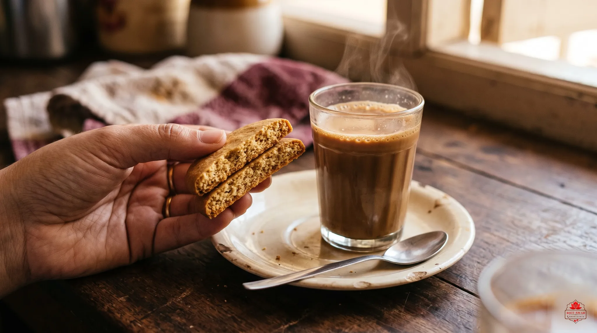 A hand holding a plain tea biscuit snapped in half beside a glass of milky chai