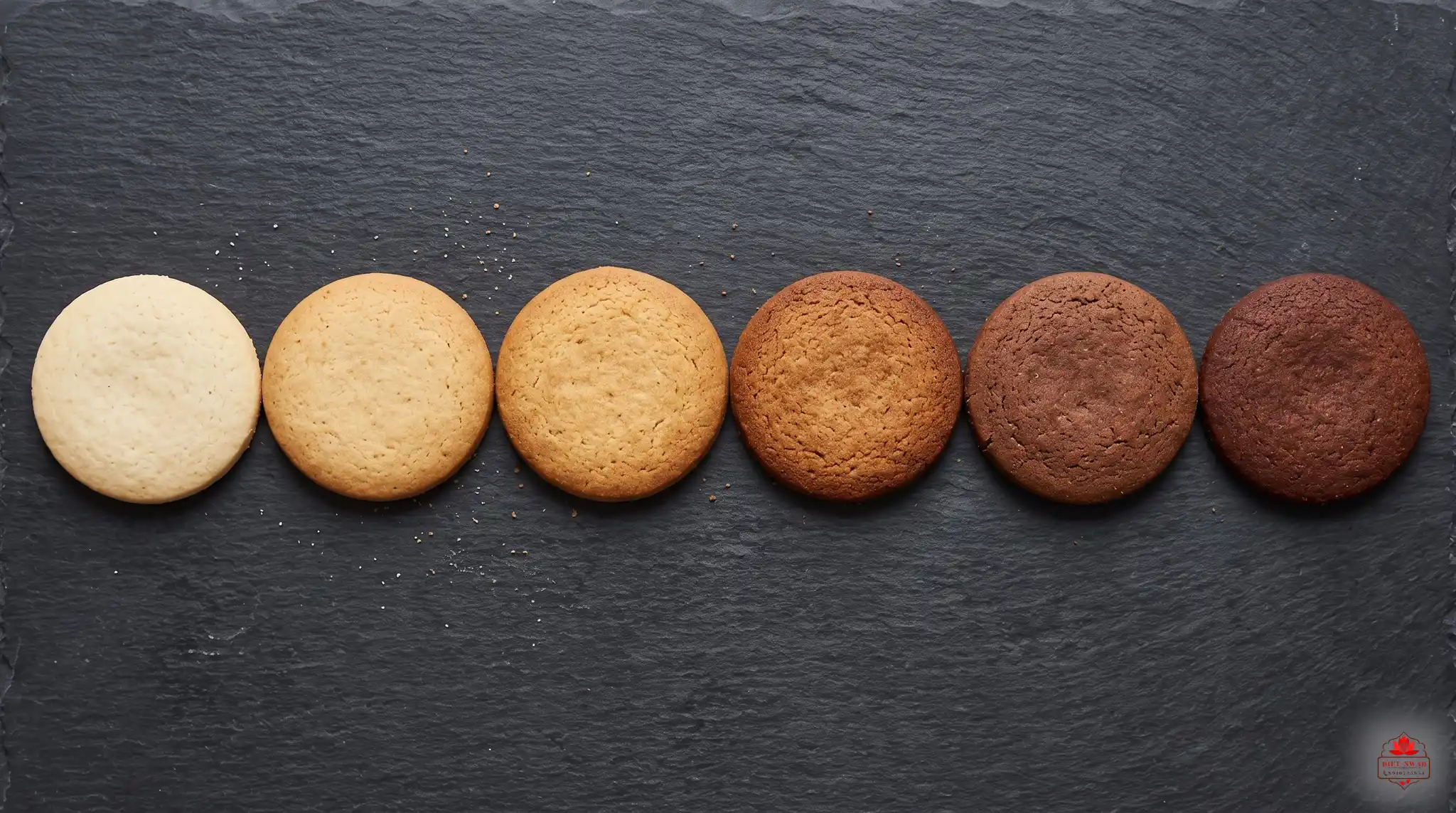 Six round biscuits in a row on dark slate, running from pale and underbaked to deep brown