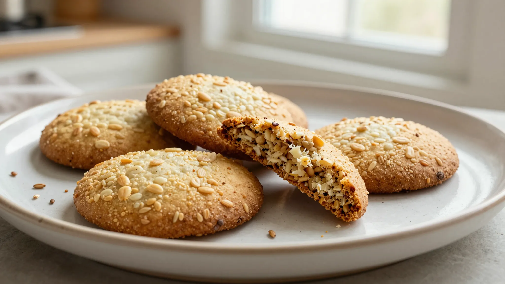 Seed-topped golden cookies on a rustic plate, one snapped in half to show the coarse grainy crumb