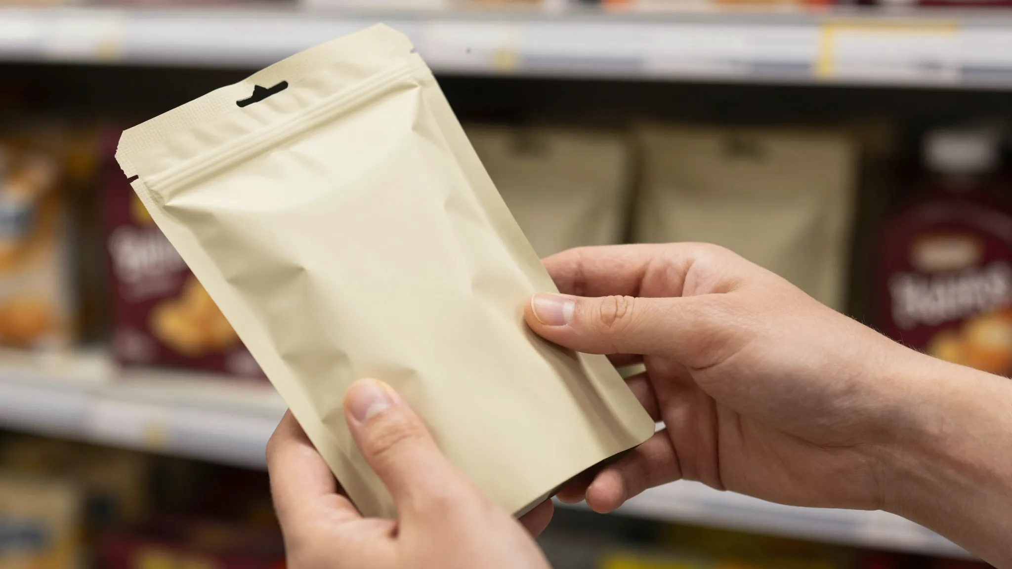 A pair of hands turning over a plain unbranded snack packet to read the small print, shop shelves blurred behind