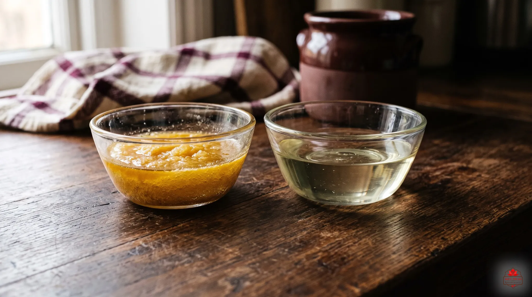Two glass bowls side by side, one of golden ghee and one of pale refined oil