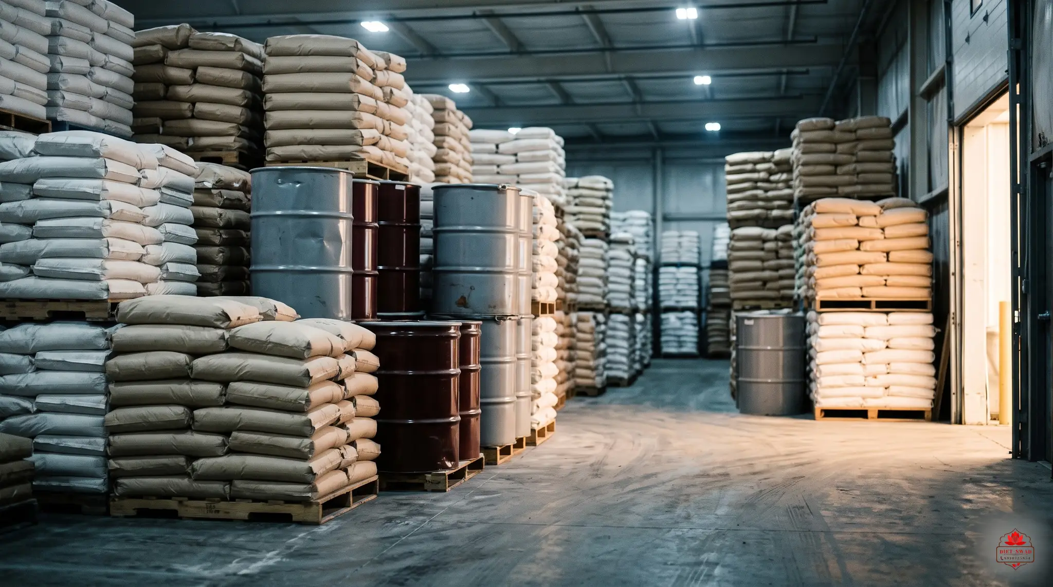 A vast industrial warehouse stacked with sacks and drums of bulk ingredients