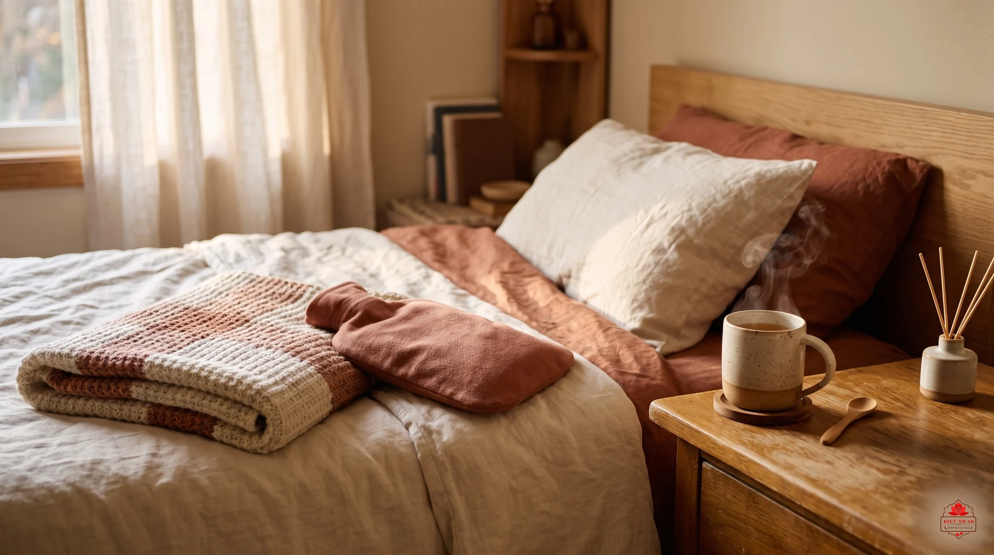 A quiet bedroom with a folded knit blanket, a hot water bottle and a mug of tea on the bedside table