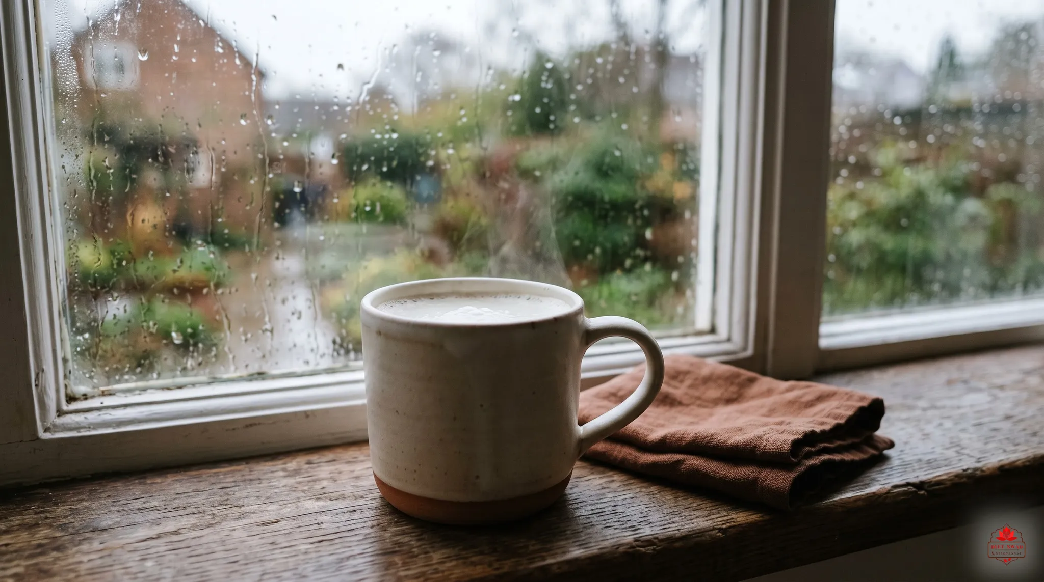 A mug of warm milky tea steaming on a wooden windowsill, with rain running down the glass