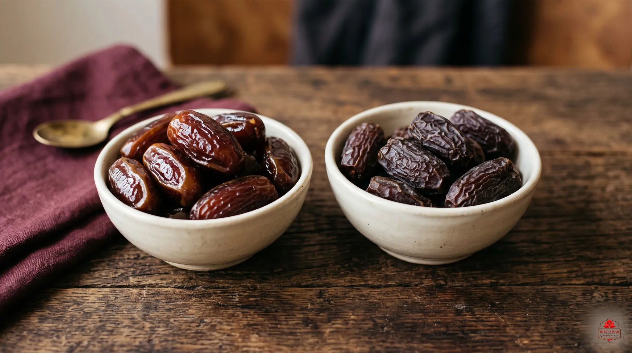 Two cream bowls compared side by side, plump glossy dates on the left and dry wrinkled ones on the right