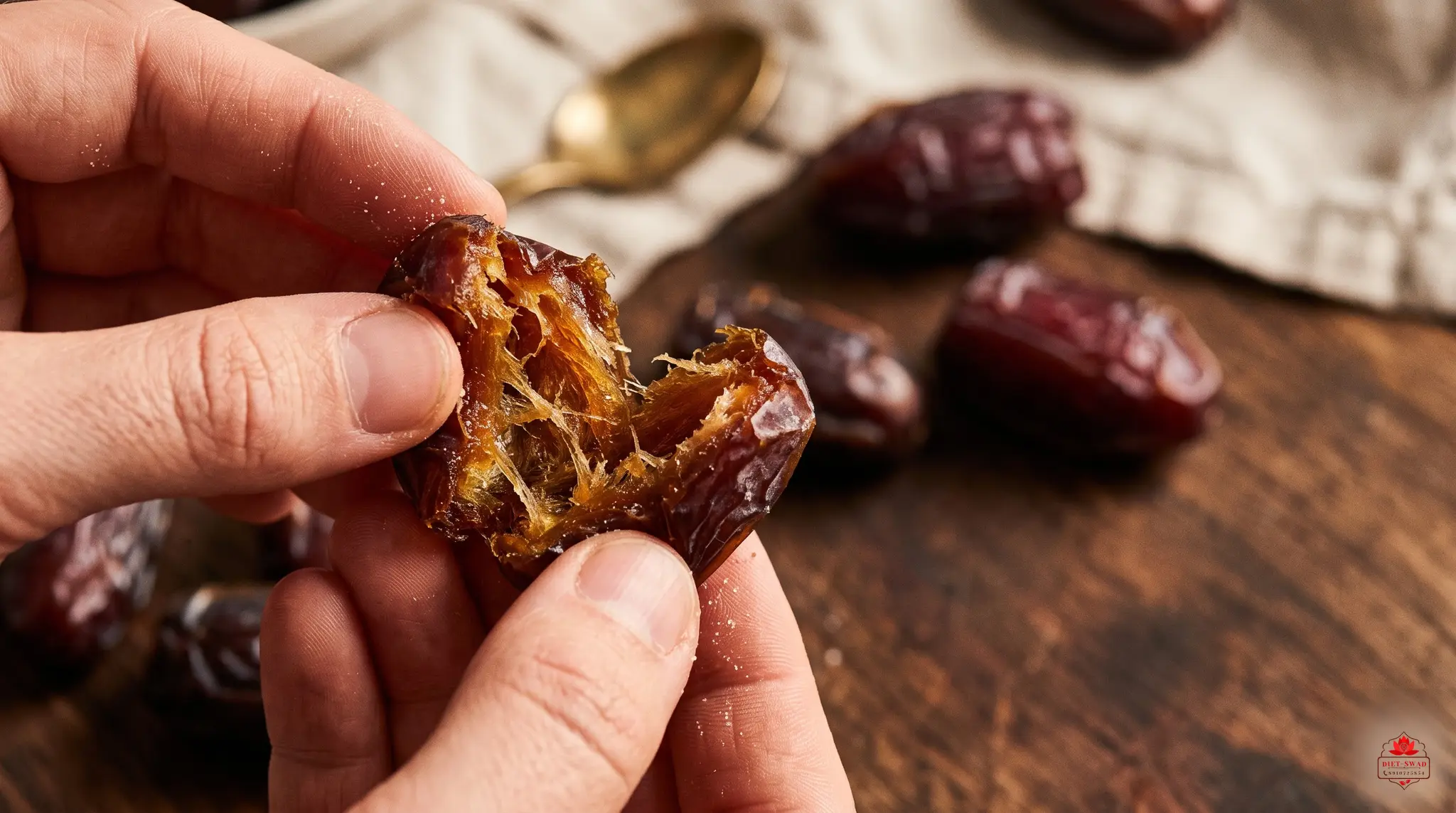 A date torn open between two fingers to show its fibrous amber flesh, with more dates on the board below