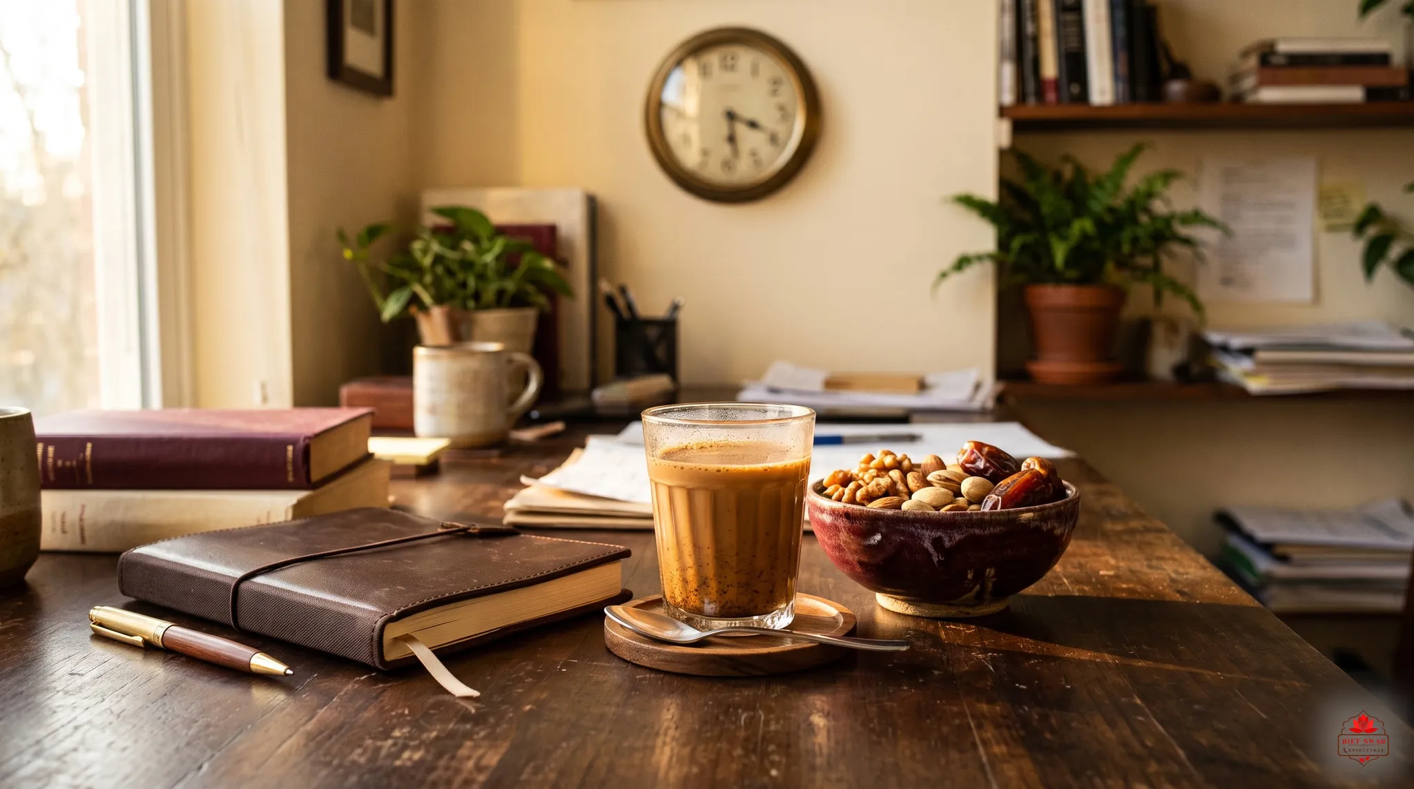 A home desk in afternoon light with a glass of chai and a bowl of nuts and dates, a wall clock behind