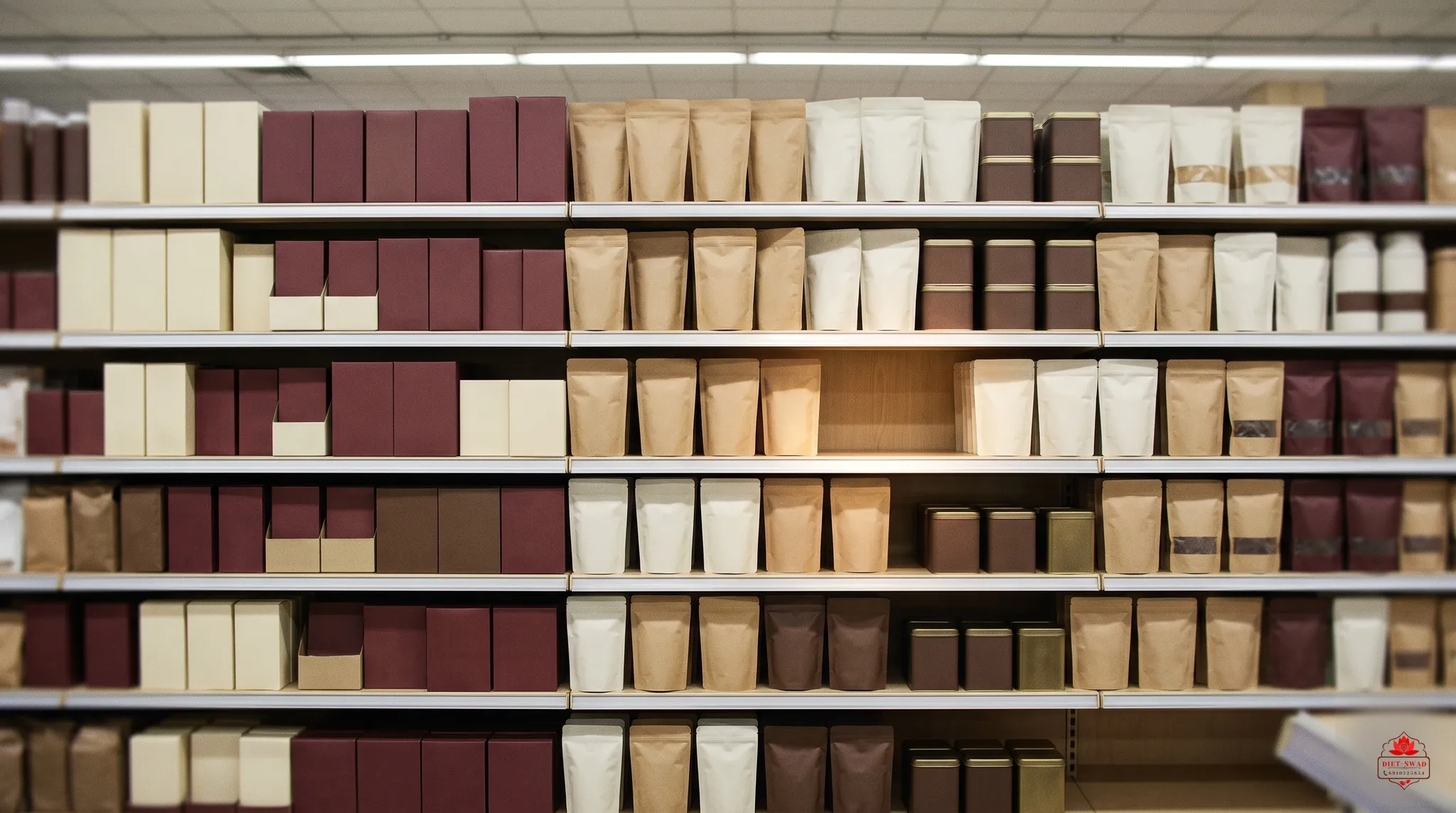 A supermarket aisle wall of plain unbranded packets, boxes and tins in cream, brown and maroon