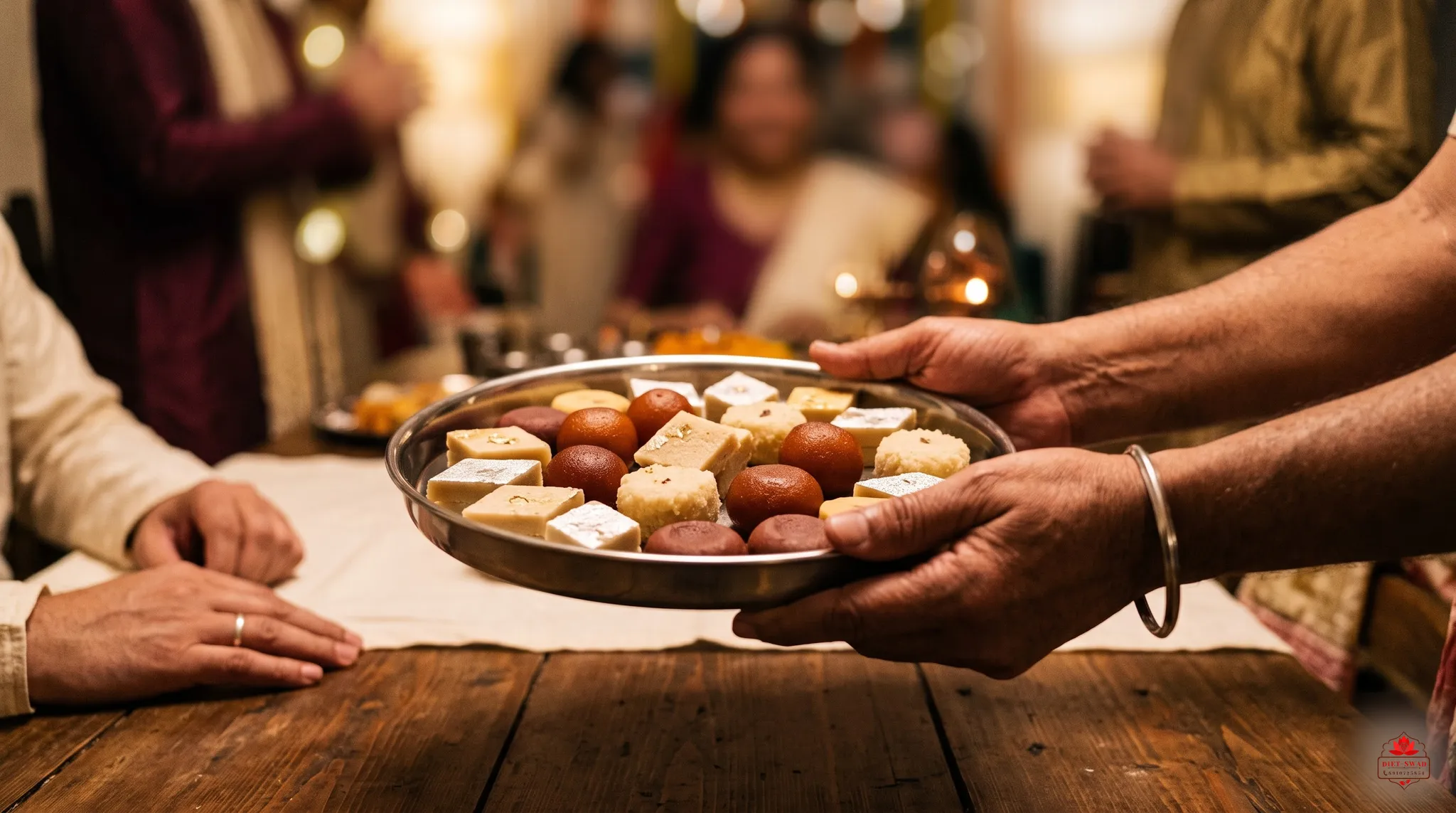 Hands passing a steel thali of mithai across a table at a family gathering, with guests blurred behind