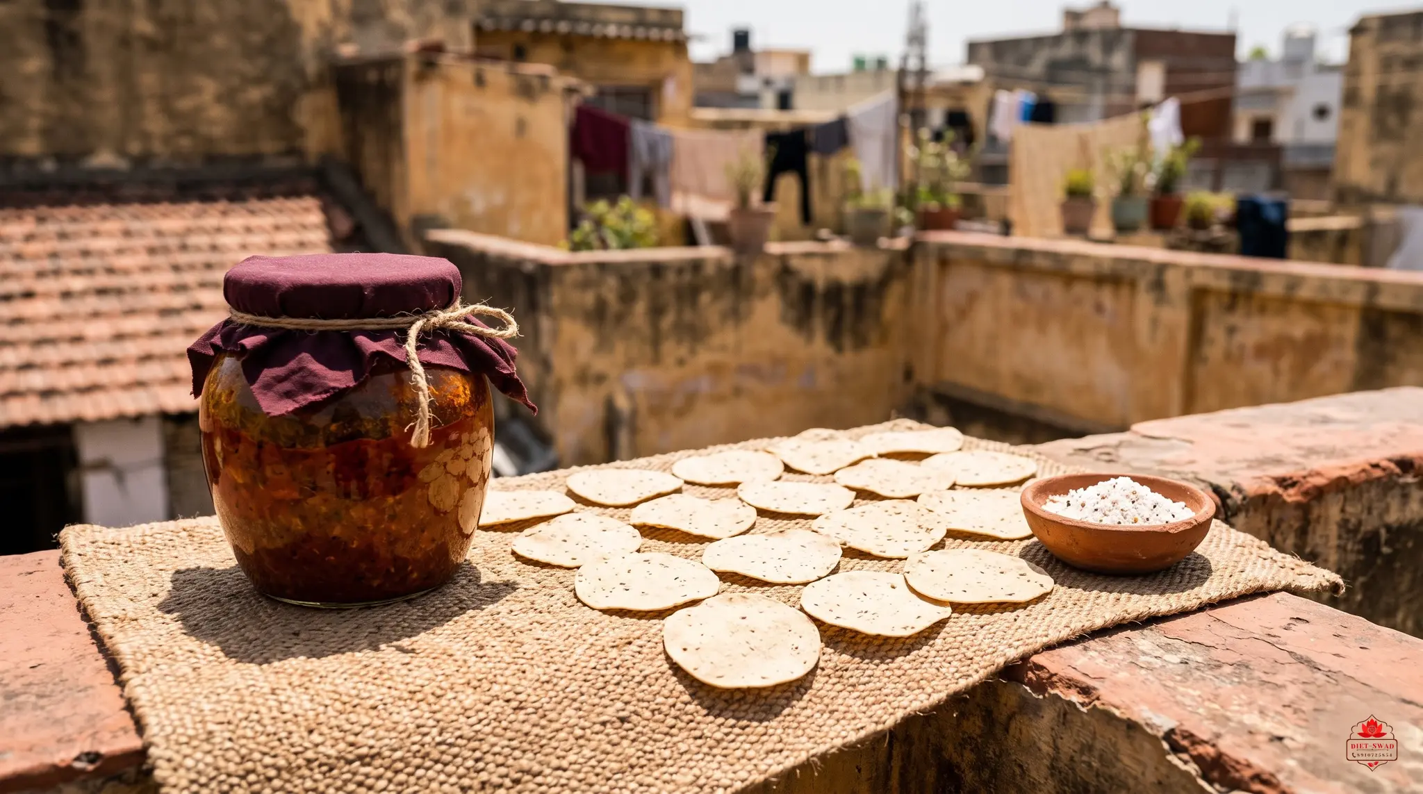 A cloth-covered jar of pickle and rows of papads drying in the sun on a rooftop wall