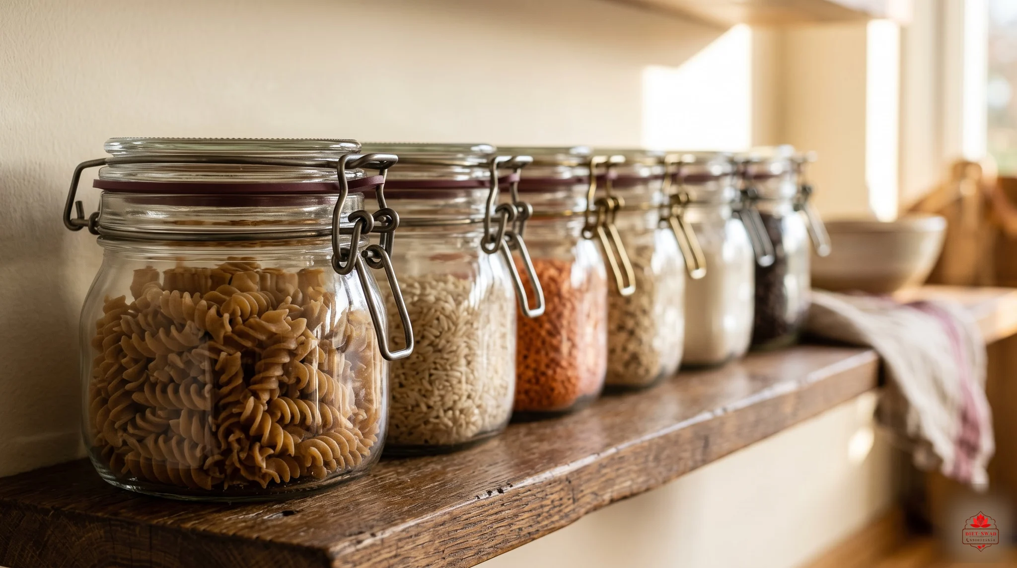 A row of clip-top glass jars of pasta, rice, lentils and flour on a sunlit kitchen shelf