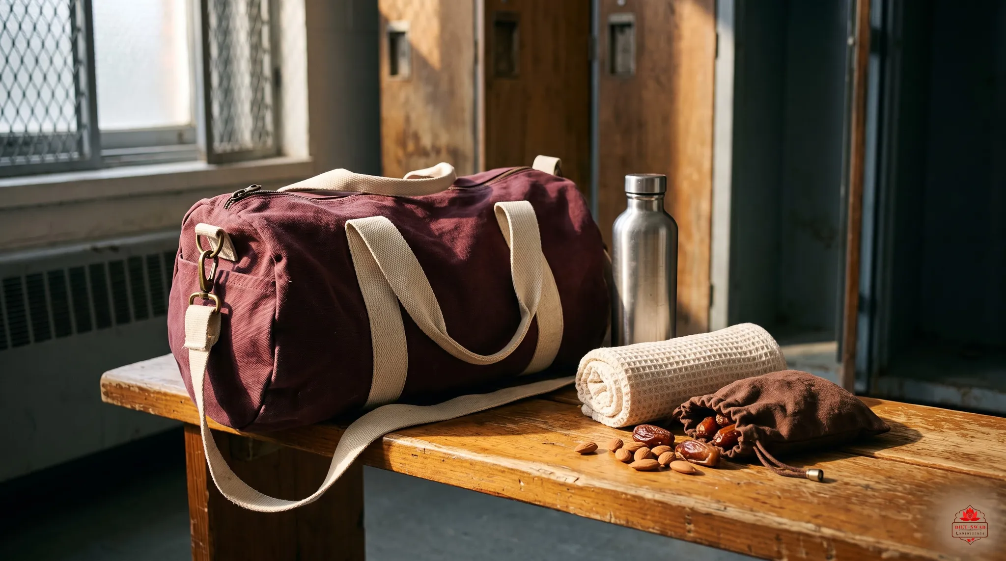 A gym bag on a bench with a water bottle, a towel and a cloth pouch of dates and almonds