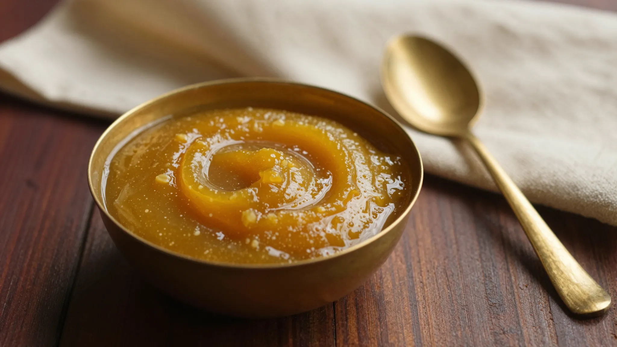 A brass bowl of golden ghee with a soft set texture, beside a brass spoon on a dark wooden surface