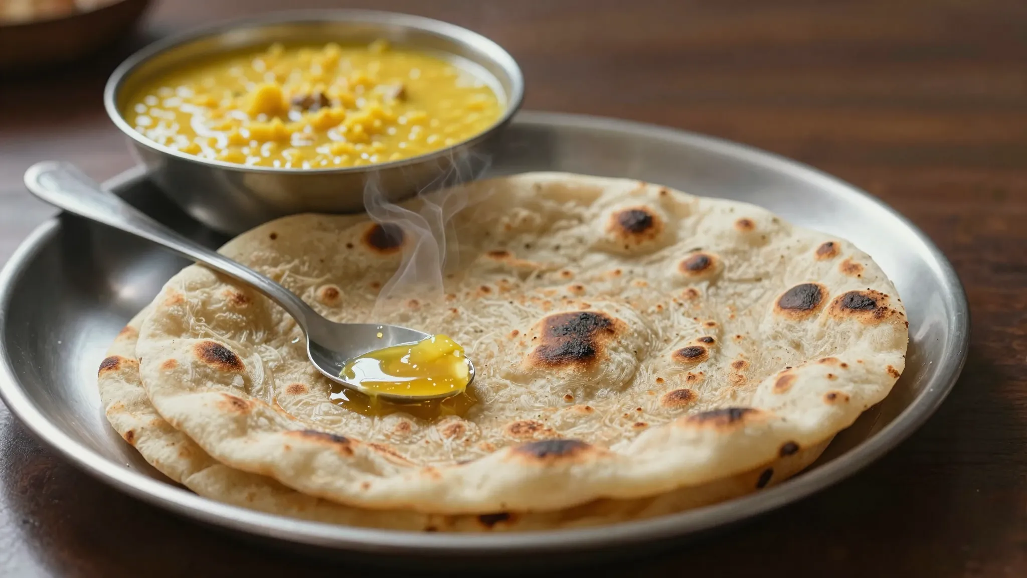 A hot roti on a steel plate with a spoon of ghee melting into it, a bowl of dal blurred behind
