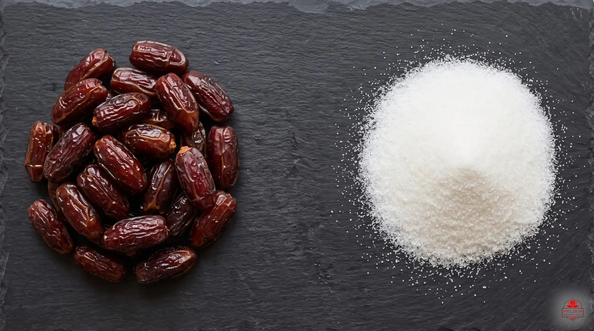 Top-down view of a heap of whole dates on dark slate beside an equal-sized heap of fine white sugar