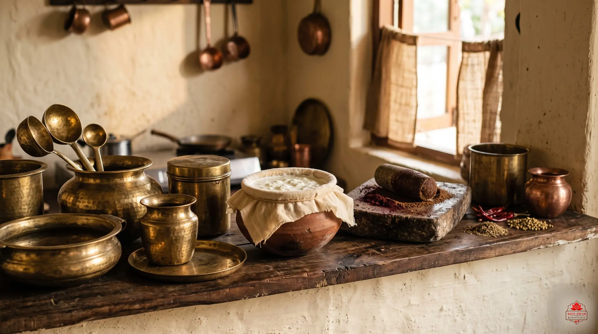 A traditional kitchen shelf of brass vessels, a clay pot of set curd under muslin and a stone grinding slab