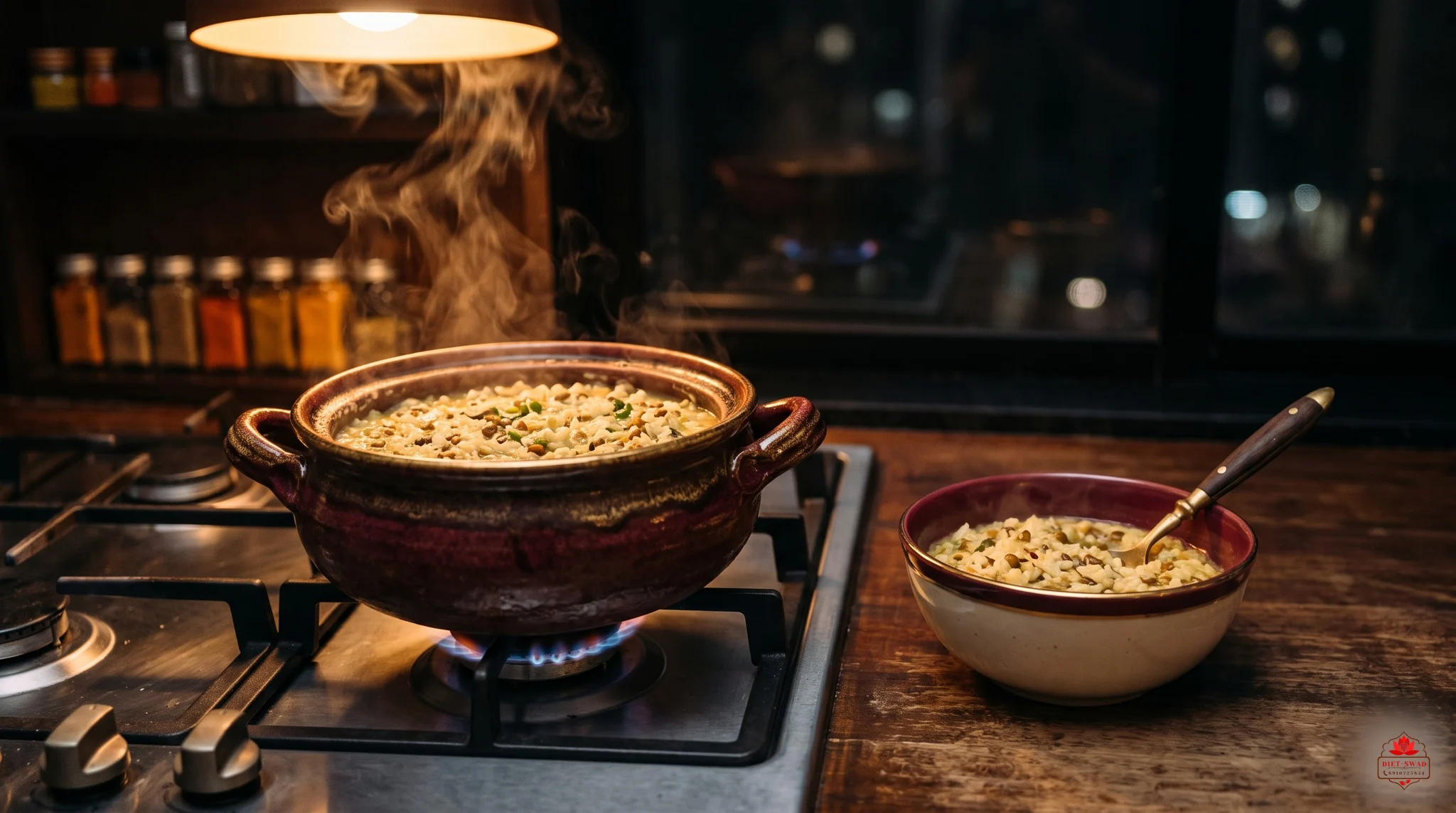 A pot of khichdi steaming on a gas stove at night with a served bowl beside it