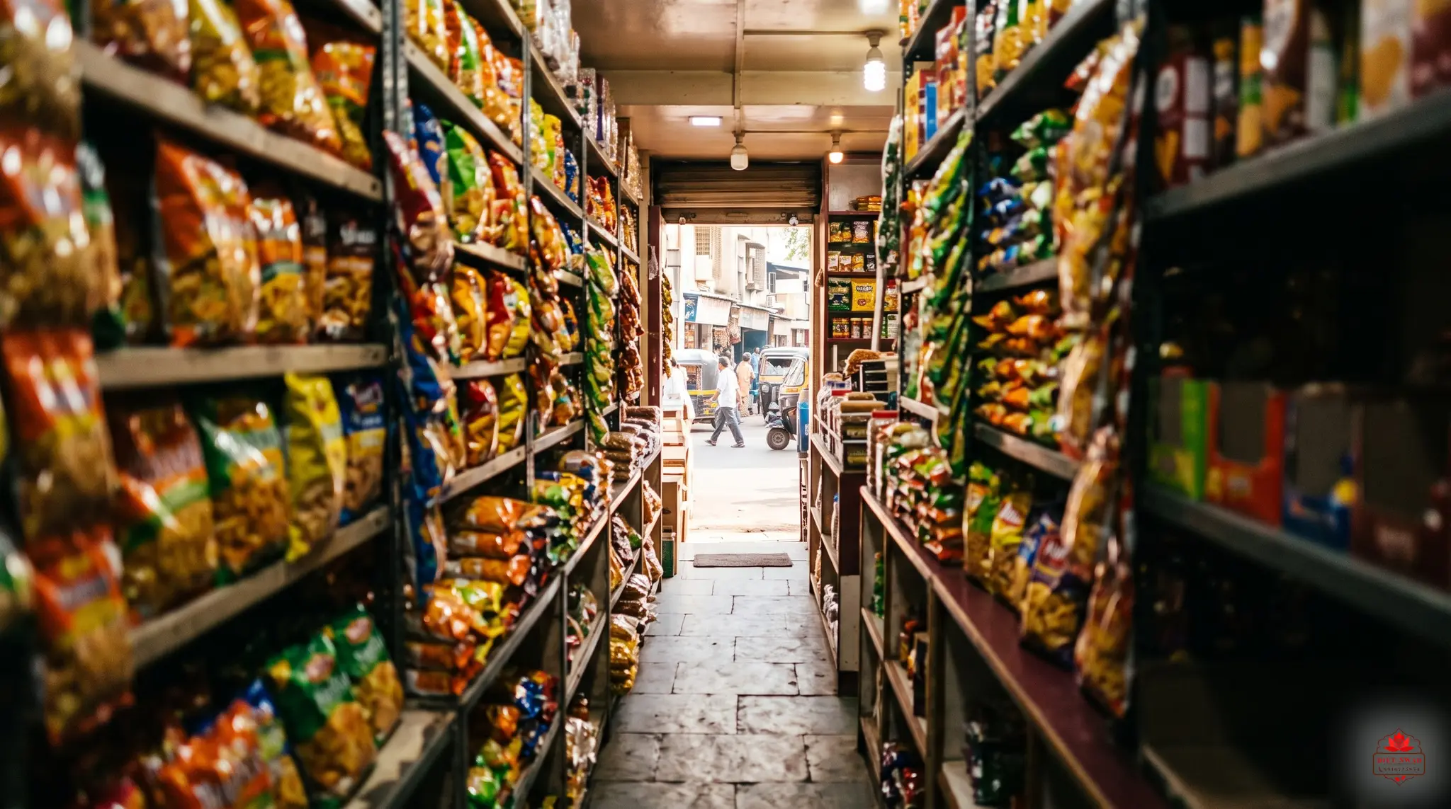 A packed Indian kirana shop aisle, shelves crowded with snack packets, brand names blurred out
