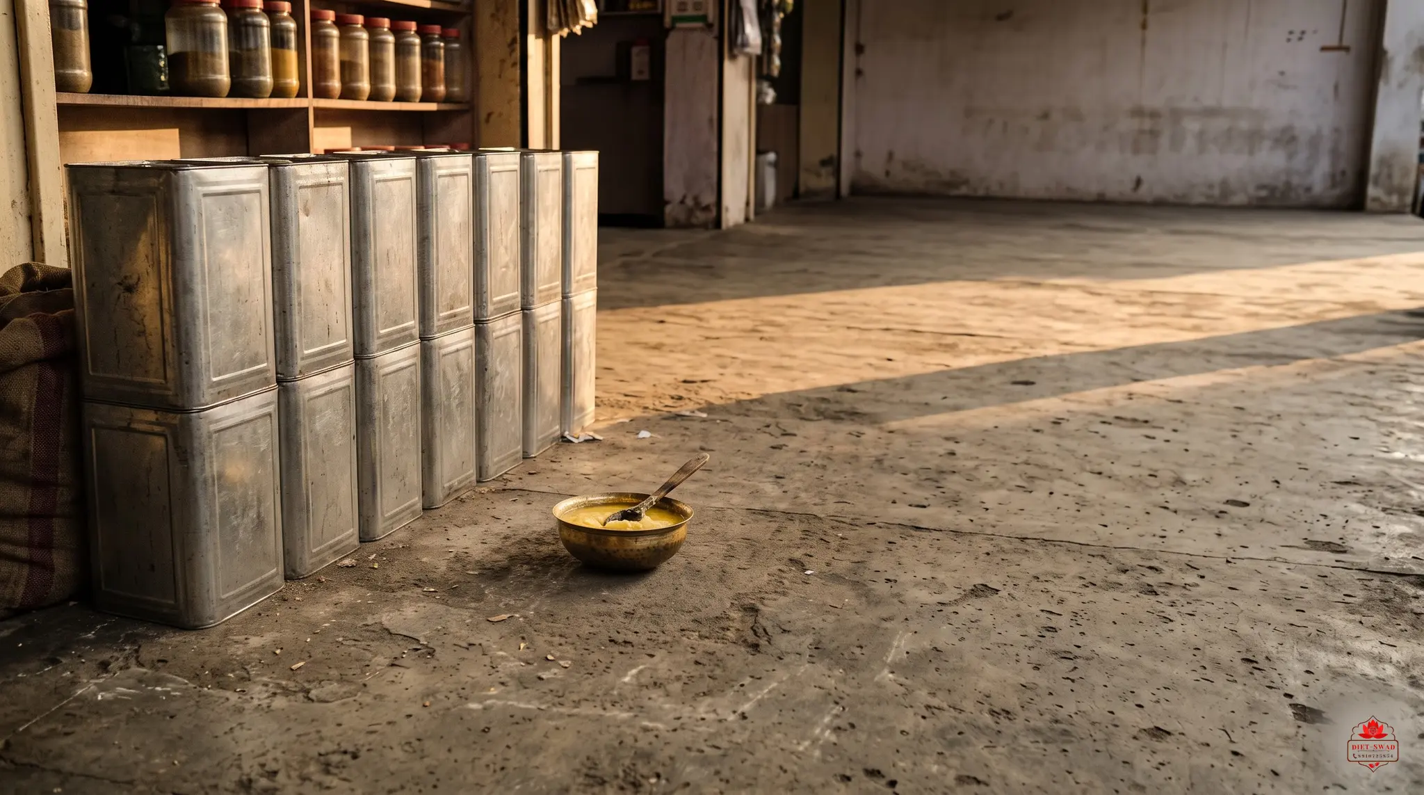 A wholesale shop floor stacked with edible-oil tins beside an open bowl of ghee
