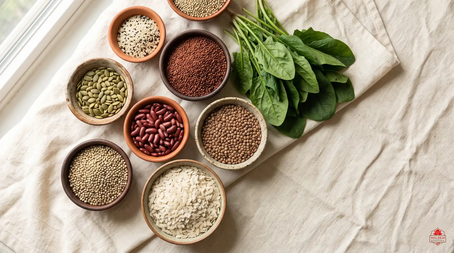 An overhead flat-lay of small bowls of iron-rich Indian staples, including sesame, ragi, pumpkin seeds, rajma, lentils and poha, beside fresh spinach