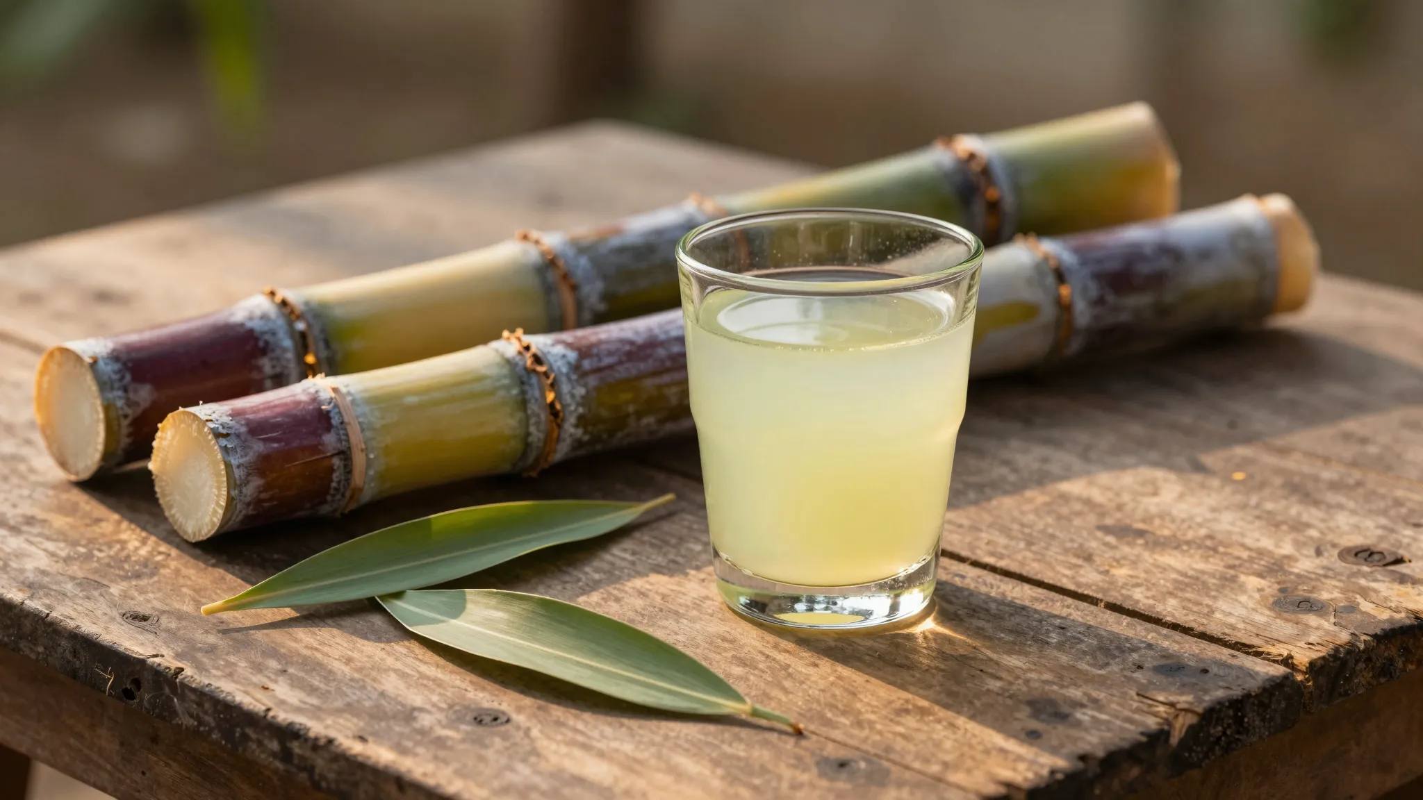 Cut sugarcane stalks and a glass of freshly pressed pale cane juice on a rustic wooden table
