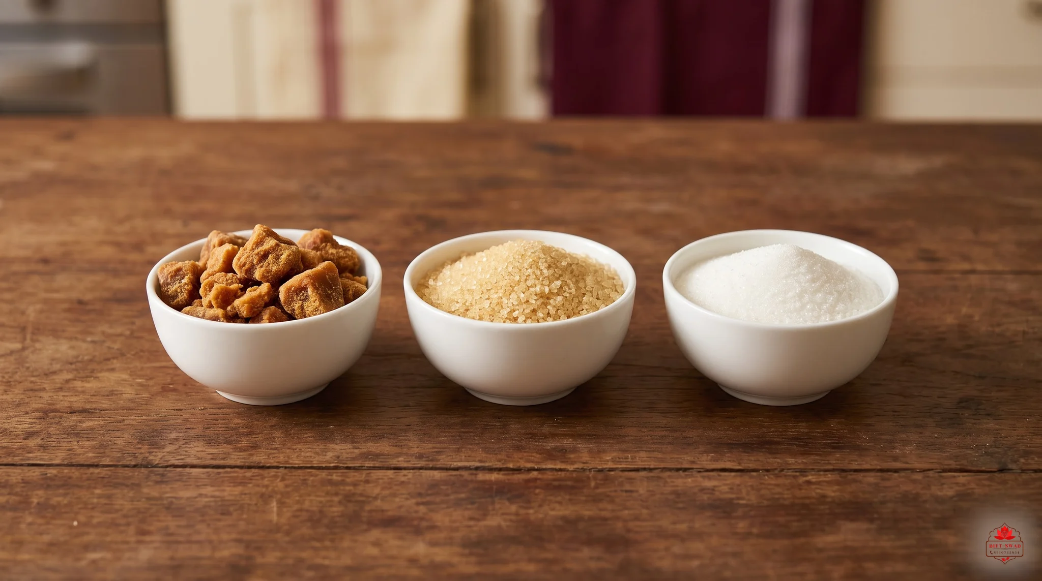 Three white bowls side by side holding rough chunks of dark jaggery, golden coarse cane sugar and fine white refined sugar
