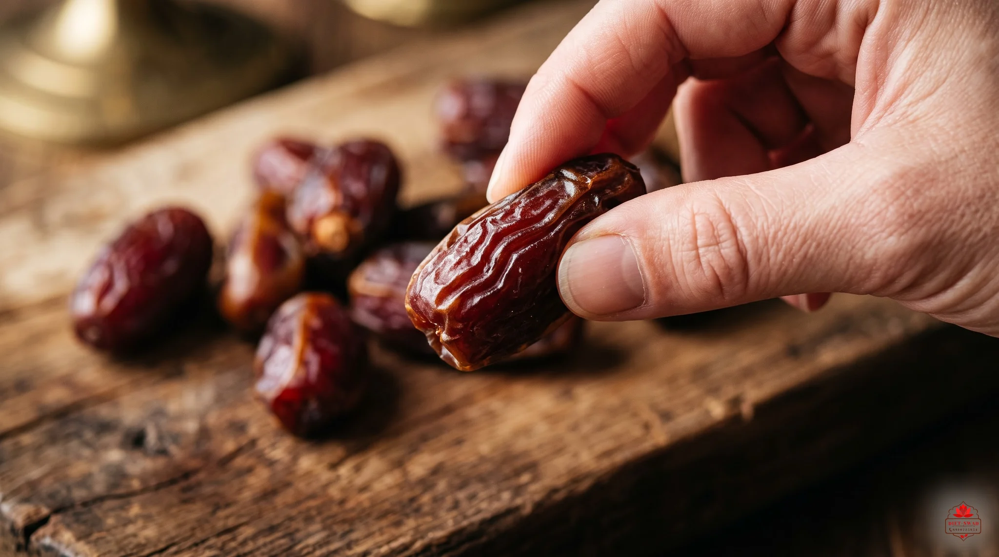 Fingers holding up a dry natural date above a wooden board of loose dates