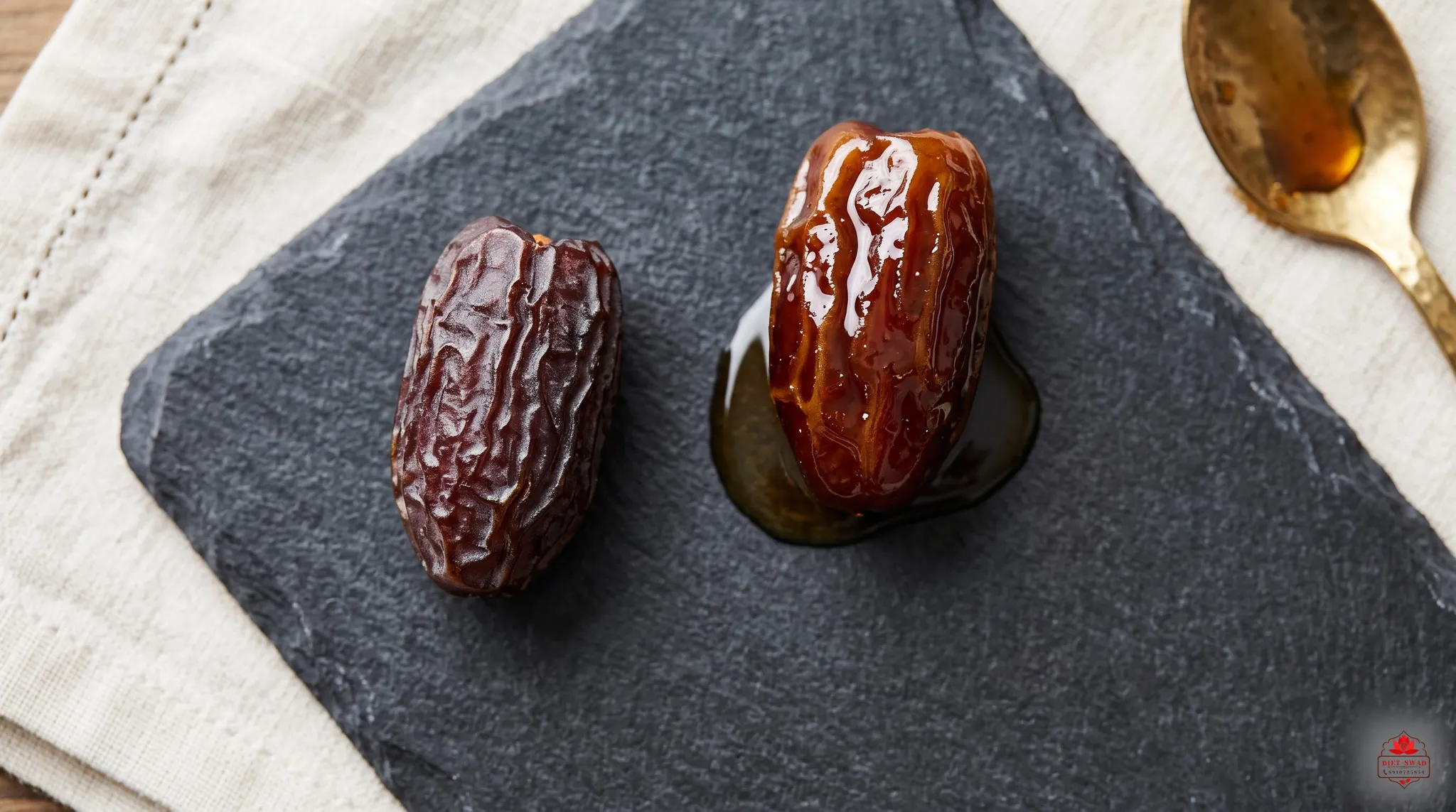 Two dates on dark slate, a matte natural one beside a glossy syrup-coated one sitting in a pool of syrup