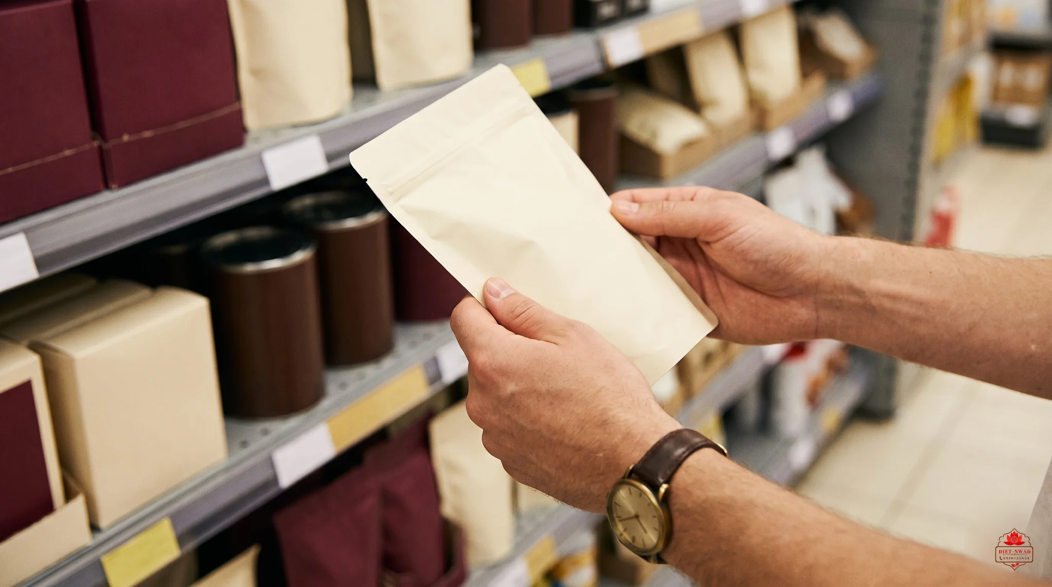 A hand lifting a plain unbranded pouch off a shop shelf to read its back