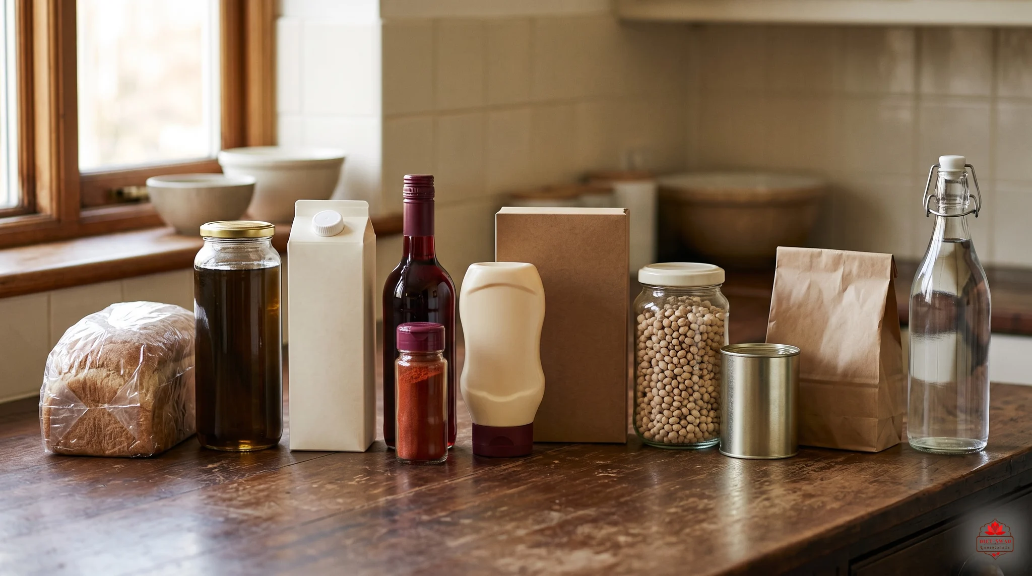 Everyday packaged staples lined up on a kitchen counter: bread, oil, a milk carton, a sauce bottle, a spice jar, soya, a tin and a paper bag