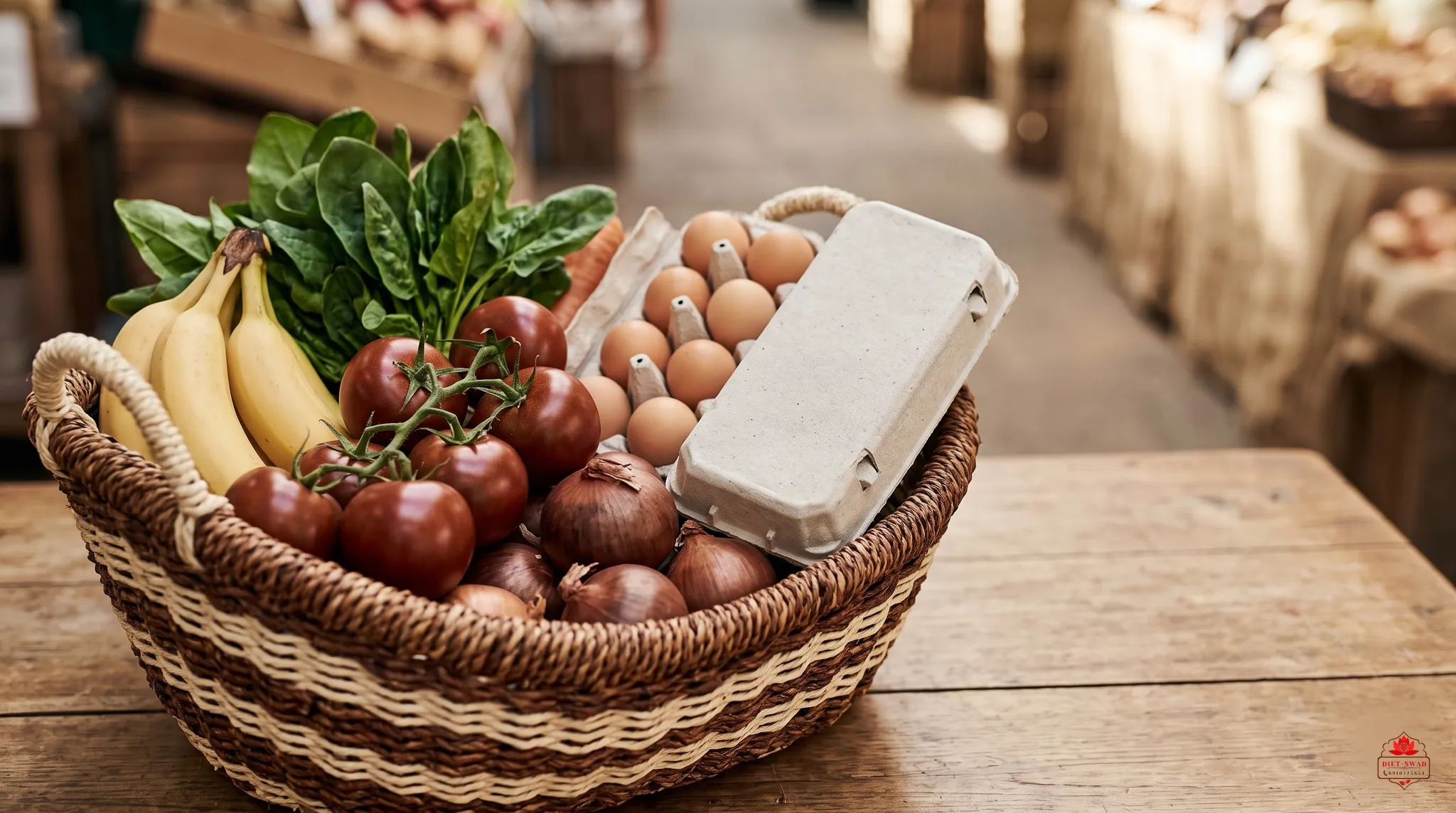 A woven basket of fresh market shopping holding bananas, spinach, tomatoes, onions, carrots and eggs
