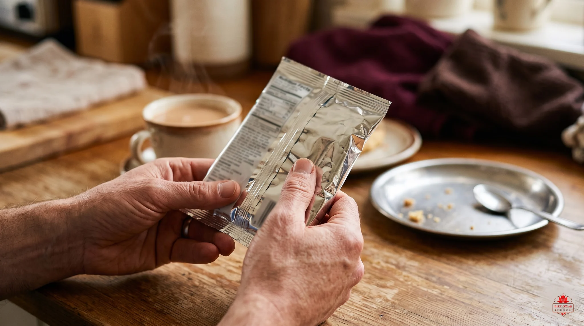 Hands holding a plain foil snack packet turned over to read the nutrition panel at a kitchen table