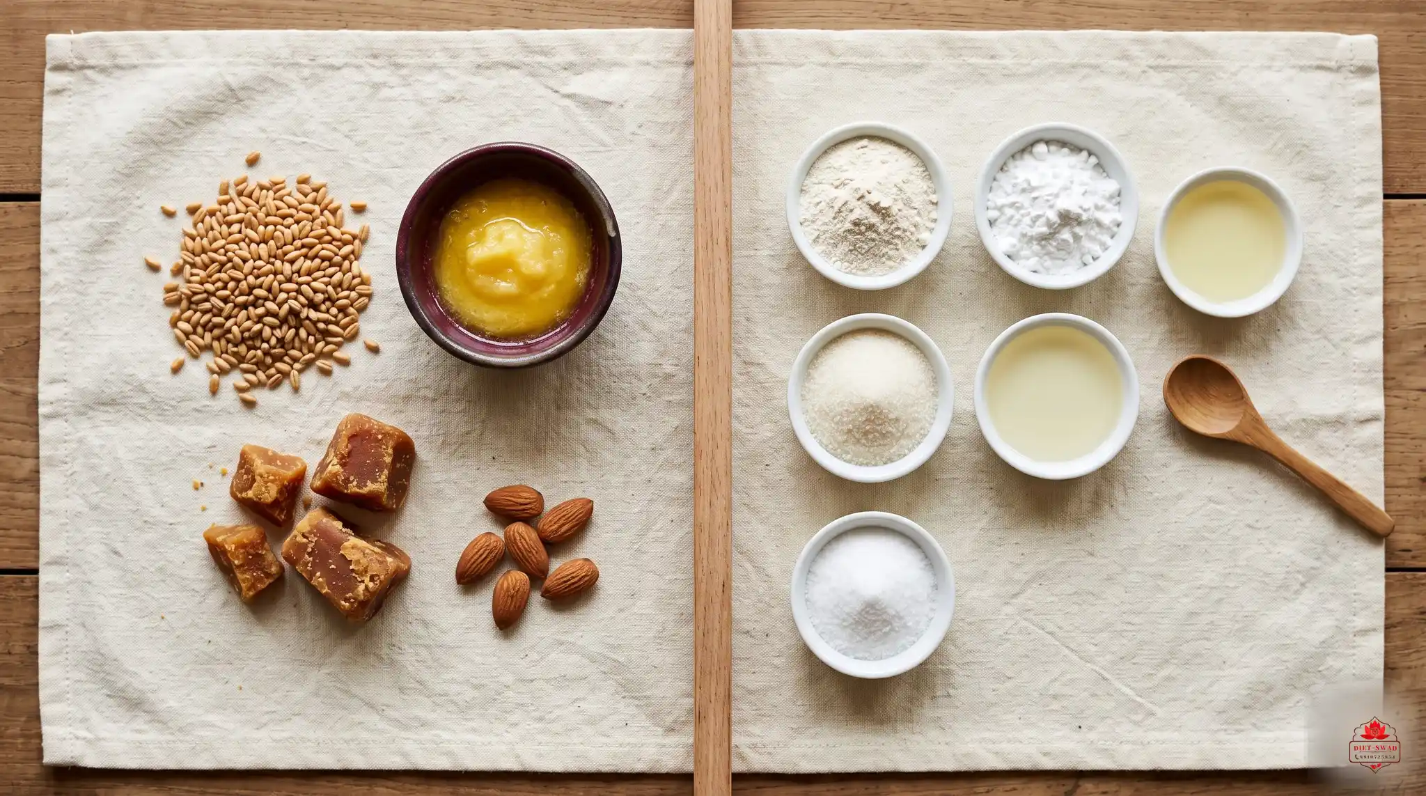 A flat-lay comparing a few whole ingredients on one side with a long row of small bowls of powders and oils on the other