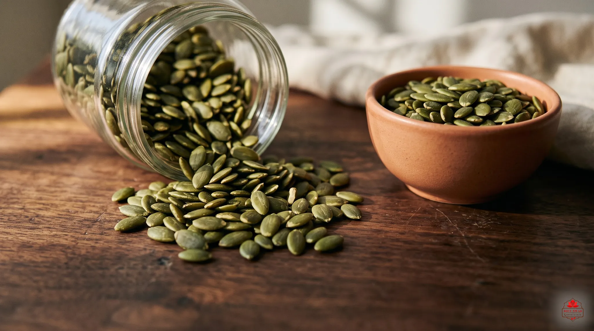 A tipped glass jar spilling green pumpkin seeds across a wooden table, with a clay bowl of seeds beside it