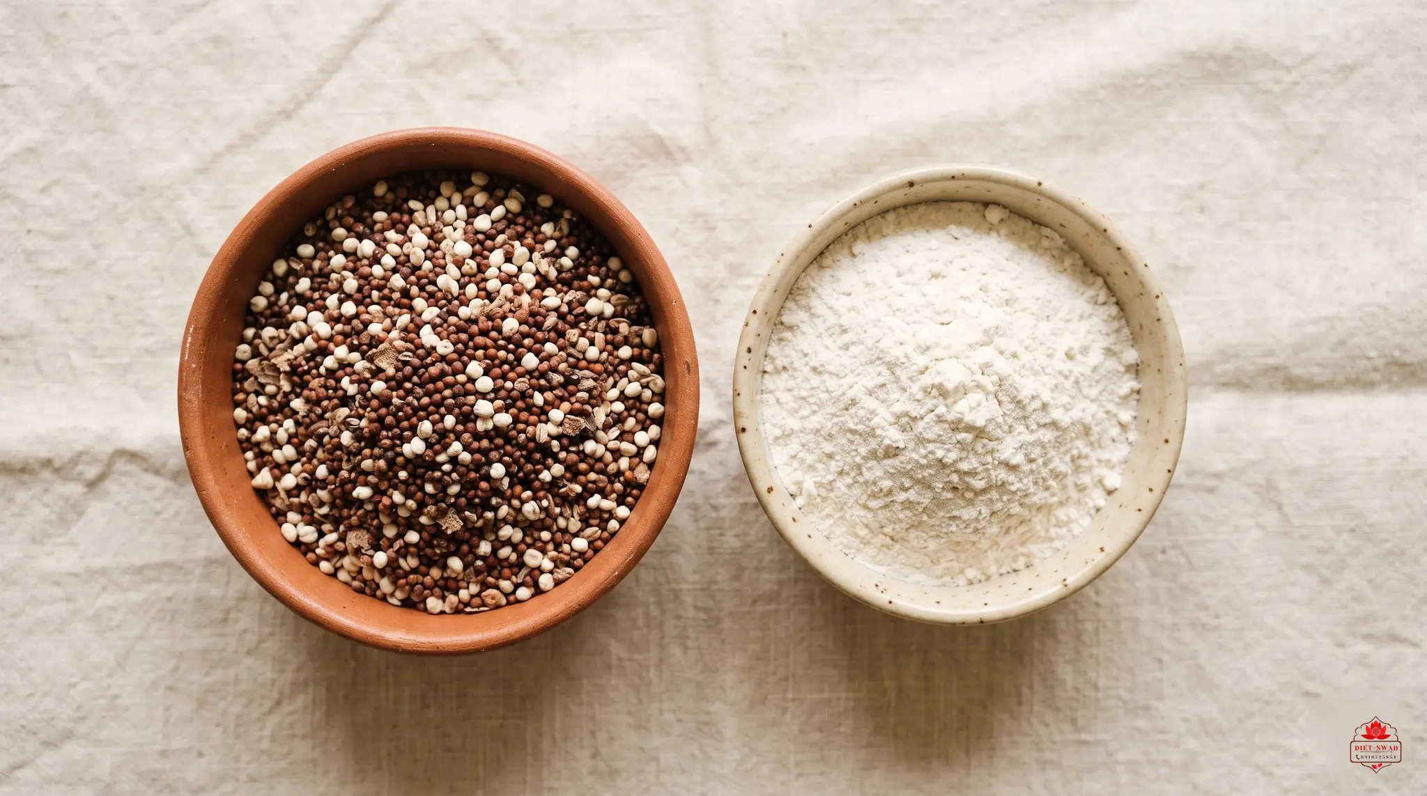Two bowls compared, whole ragi and bajra millet on the left and refined white flour on the right