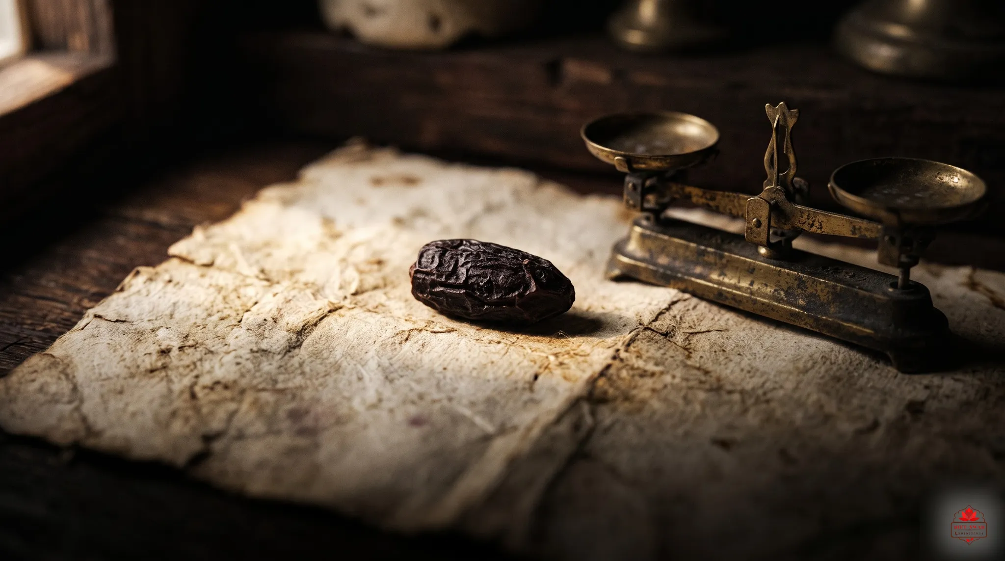 A single dried date resting on aged handmade paper beside an antique brass balance scale