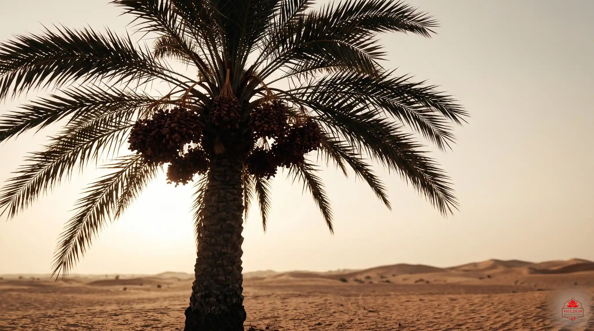 A lone date palm silhouetted against a hazy desert sunset, with dunes stretching behind