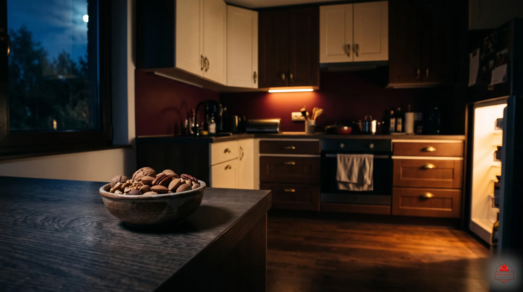 A dark kitchen at night with a bowl of nuts on the counter, lit only by the open fridge