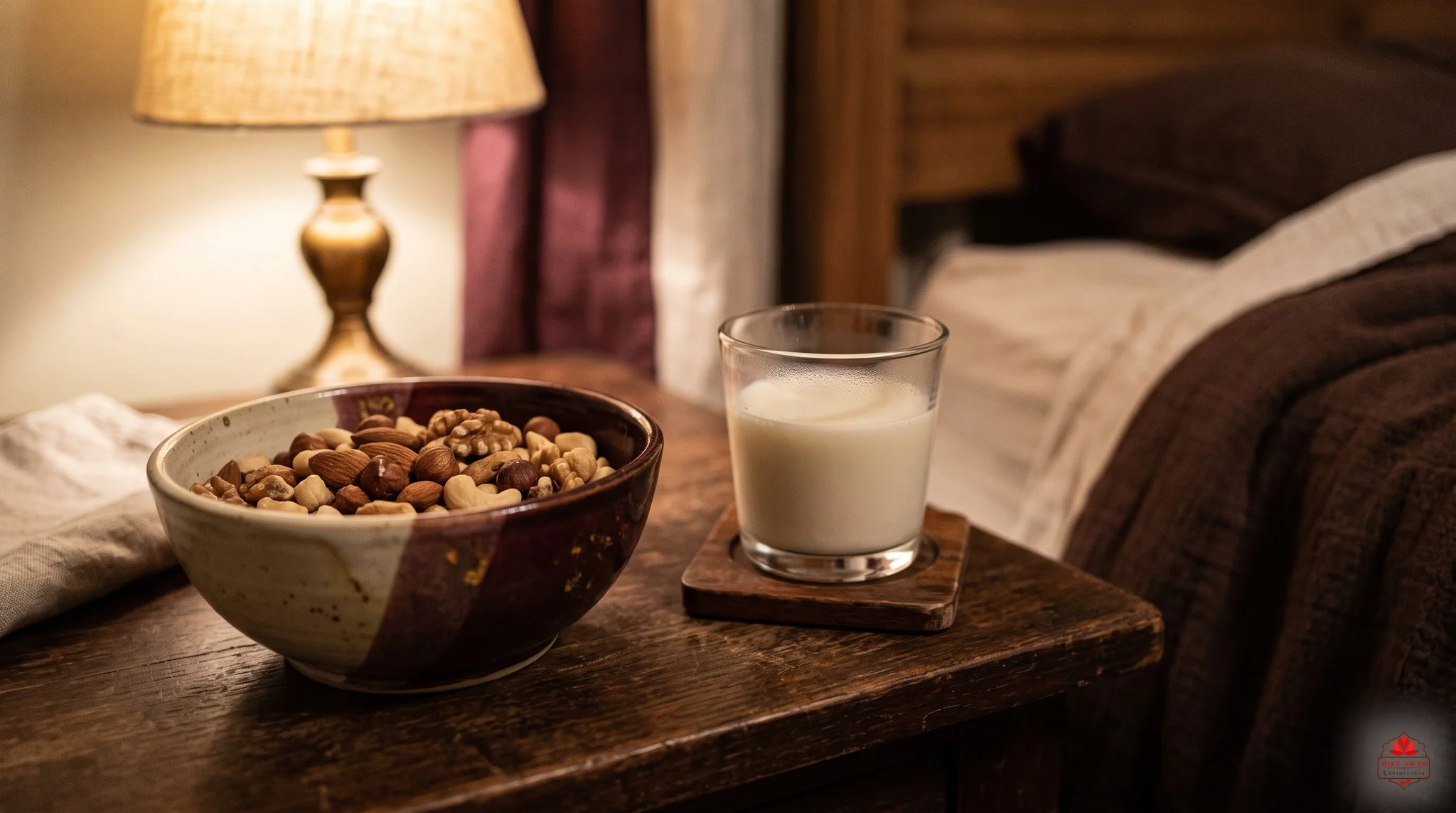 A bedside table at night holding a small bowl of nuts and a glass of milk