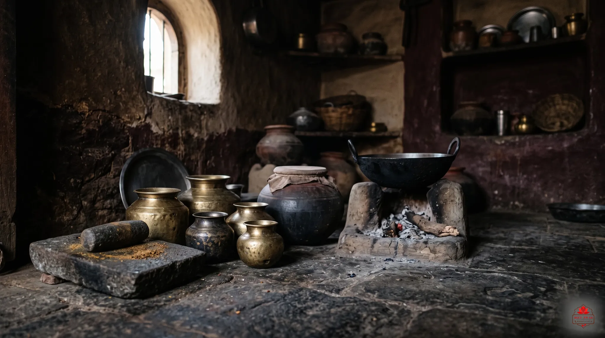 A traditional mud-walled kitchen with brass vessels, a stone grinding slab and a kadhai over a wood-fired chulha