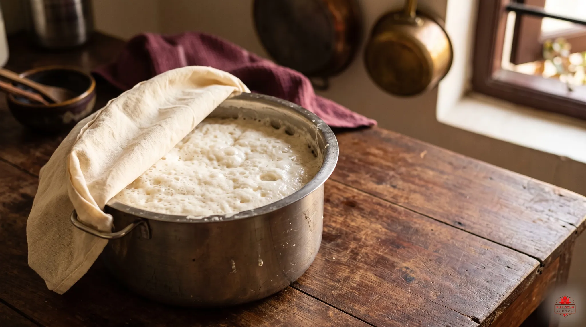A steel pot of fermenting batter risen and bubbling under a muslin cloth on a wooden table