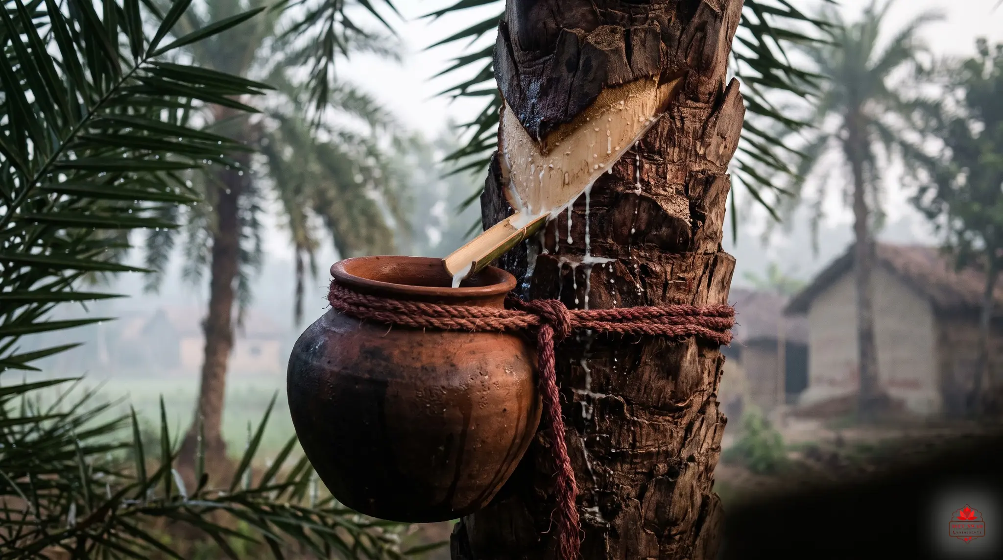 A clay pot tied to a date-palm trunk, collecting sap through a bamboo spout on a misty Bengal morning