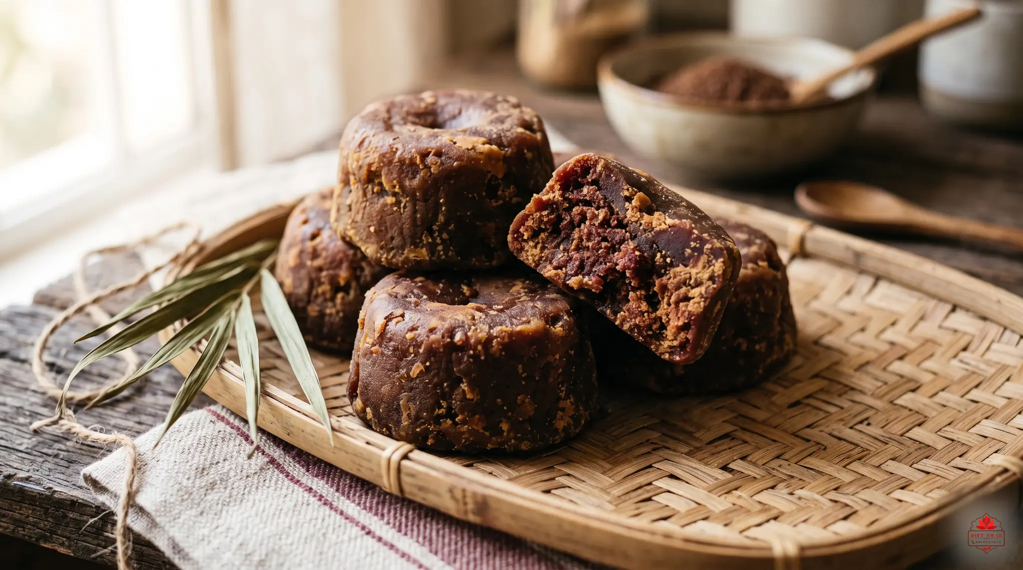 Round cakes of patali nolen gur on a bamboo tray, one broken open to show the grainy interior