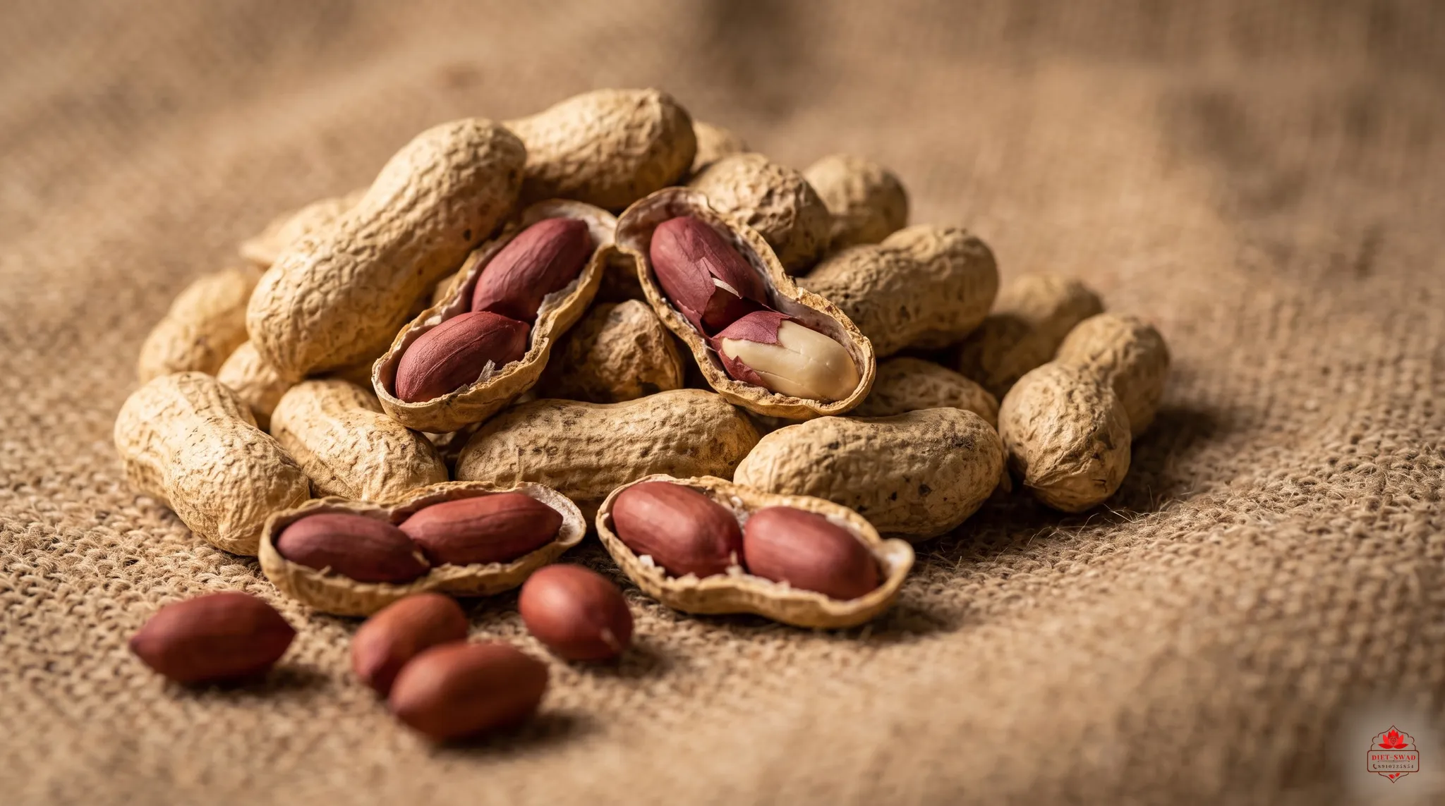 Whole peanuts in their shells spilling across coarse burlap