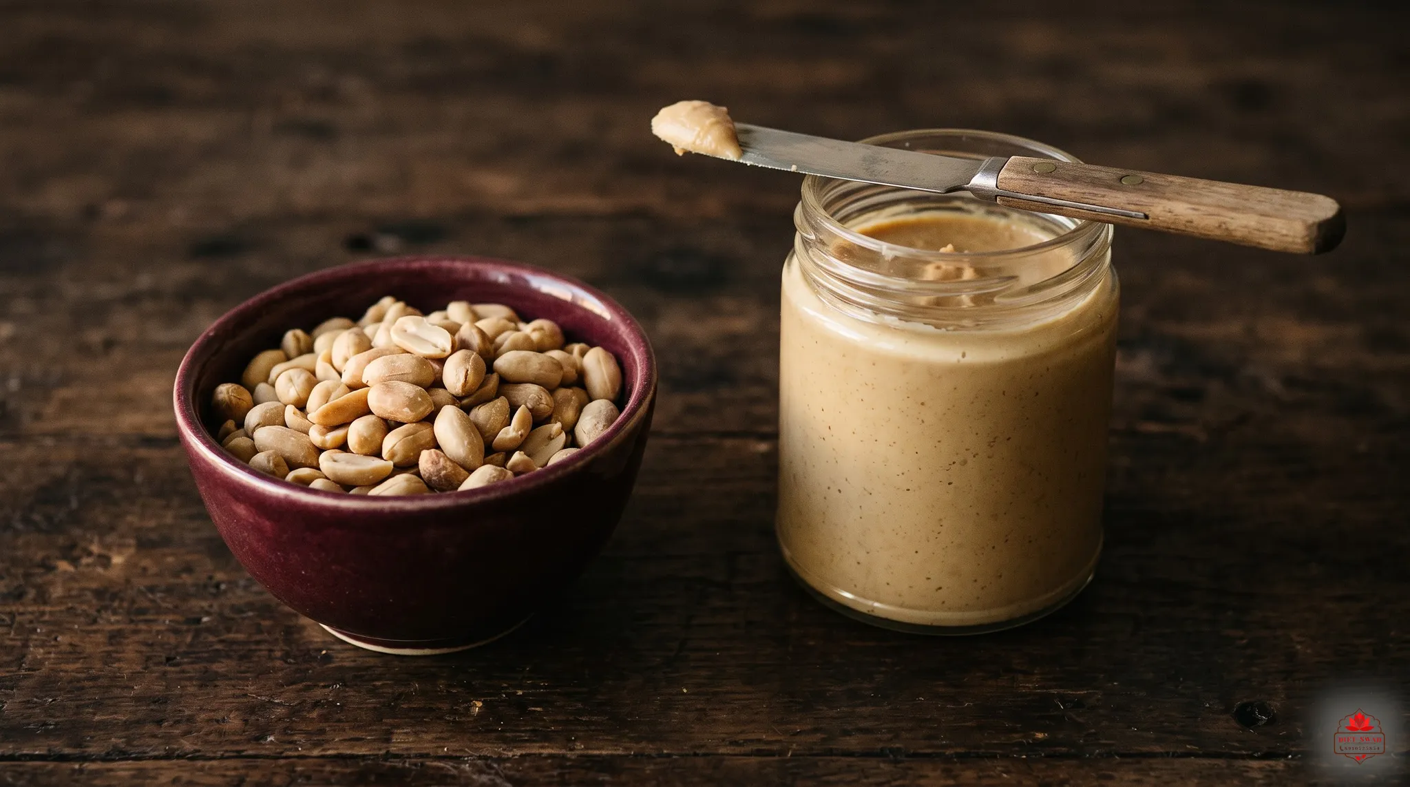 A maroon bowl of shelled roasted peanuts beside a jar of natural peanut butter with a knife across the rim