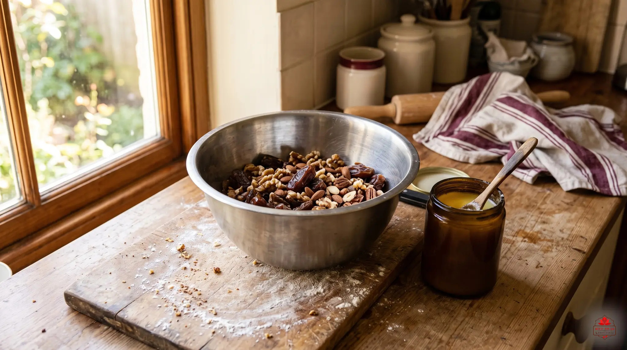 A steel mixing bowl of dates, almonds and walnuts on a floury wooden board by a kitchen window, with a jar of ghee beside it