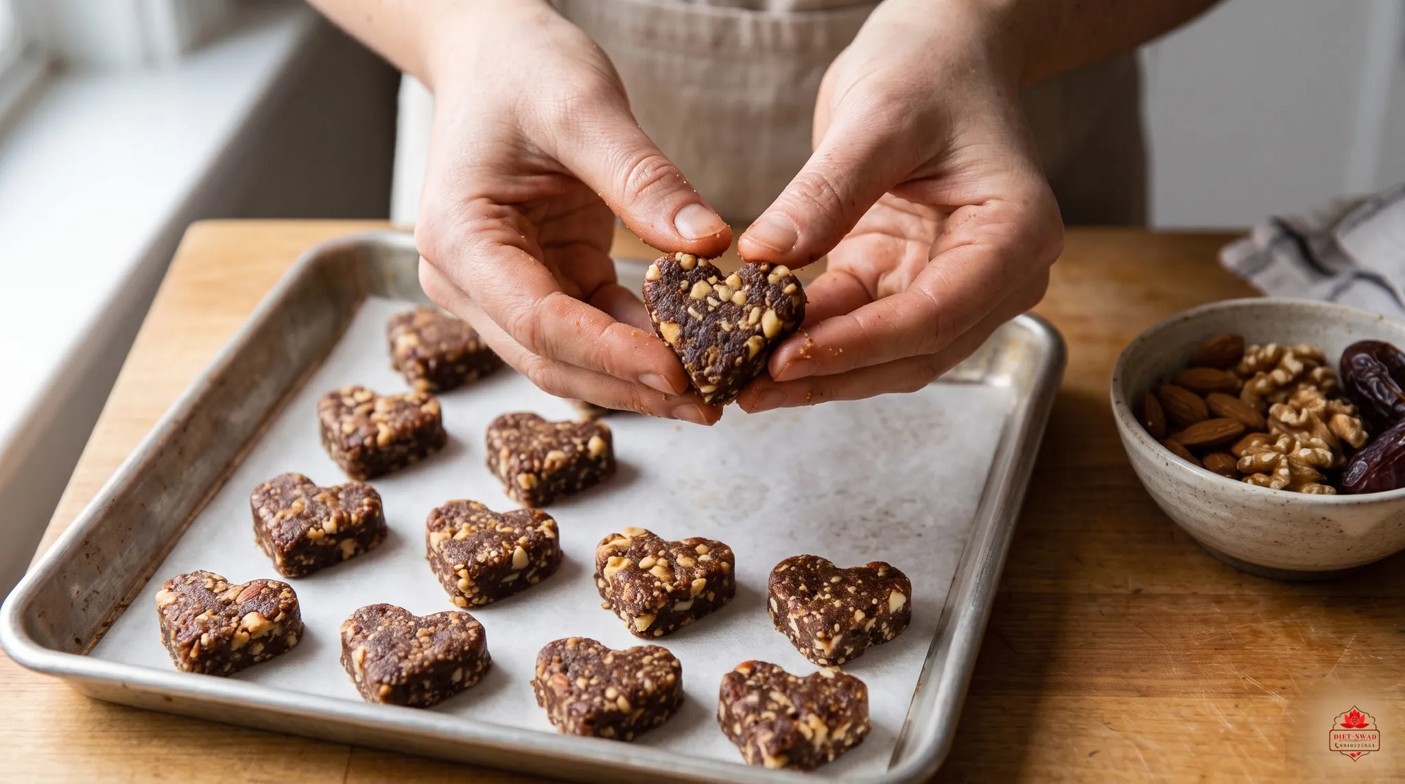 Hands pressing a heart-shaped date-and-nut bite above a tray of them on baking paper, with a bowl of nuts and dates alongside