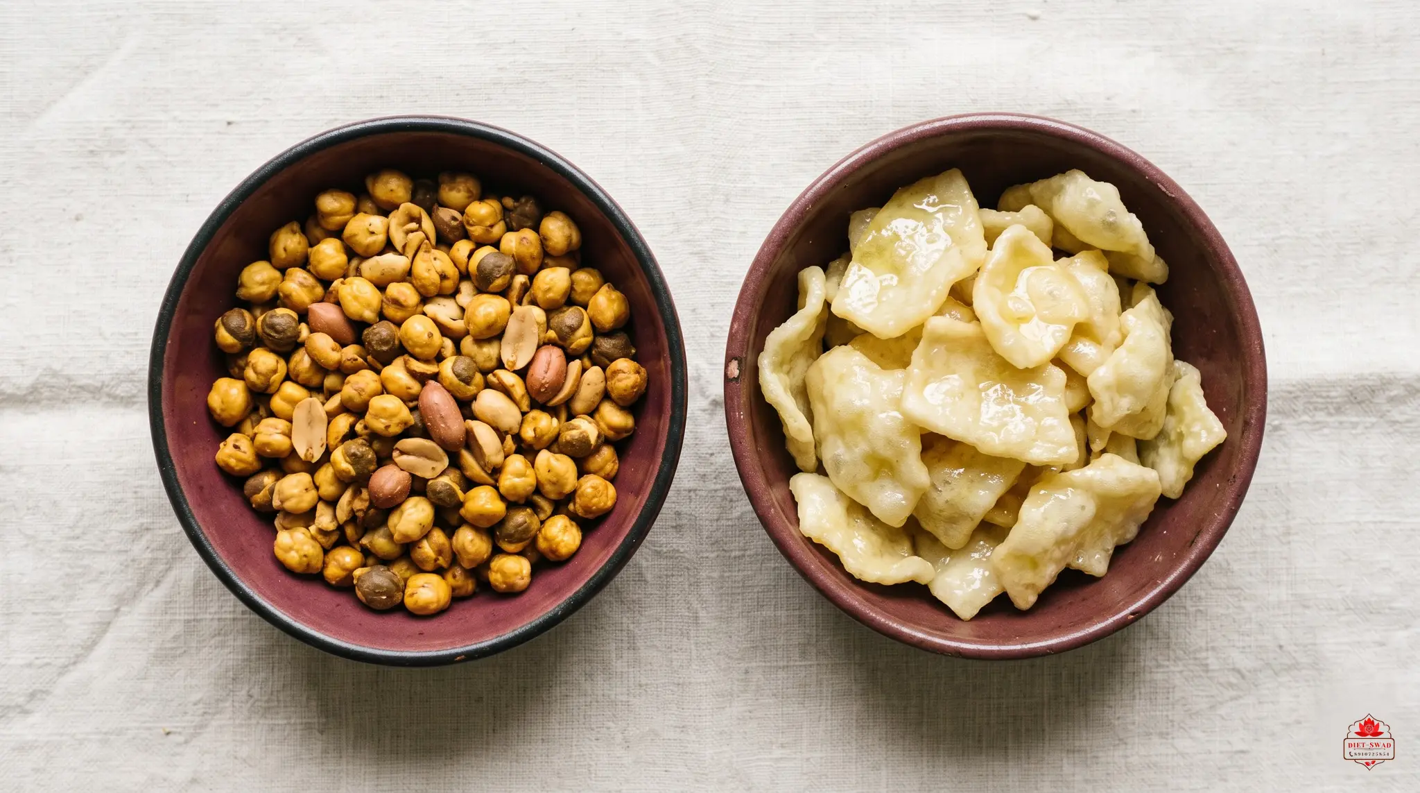 Two bowls compared, roasted chana with peanuts on the left and fried namkeen on the right
