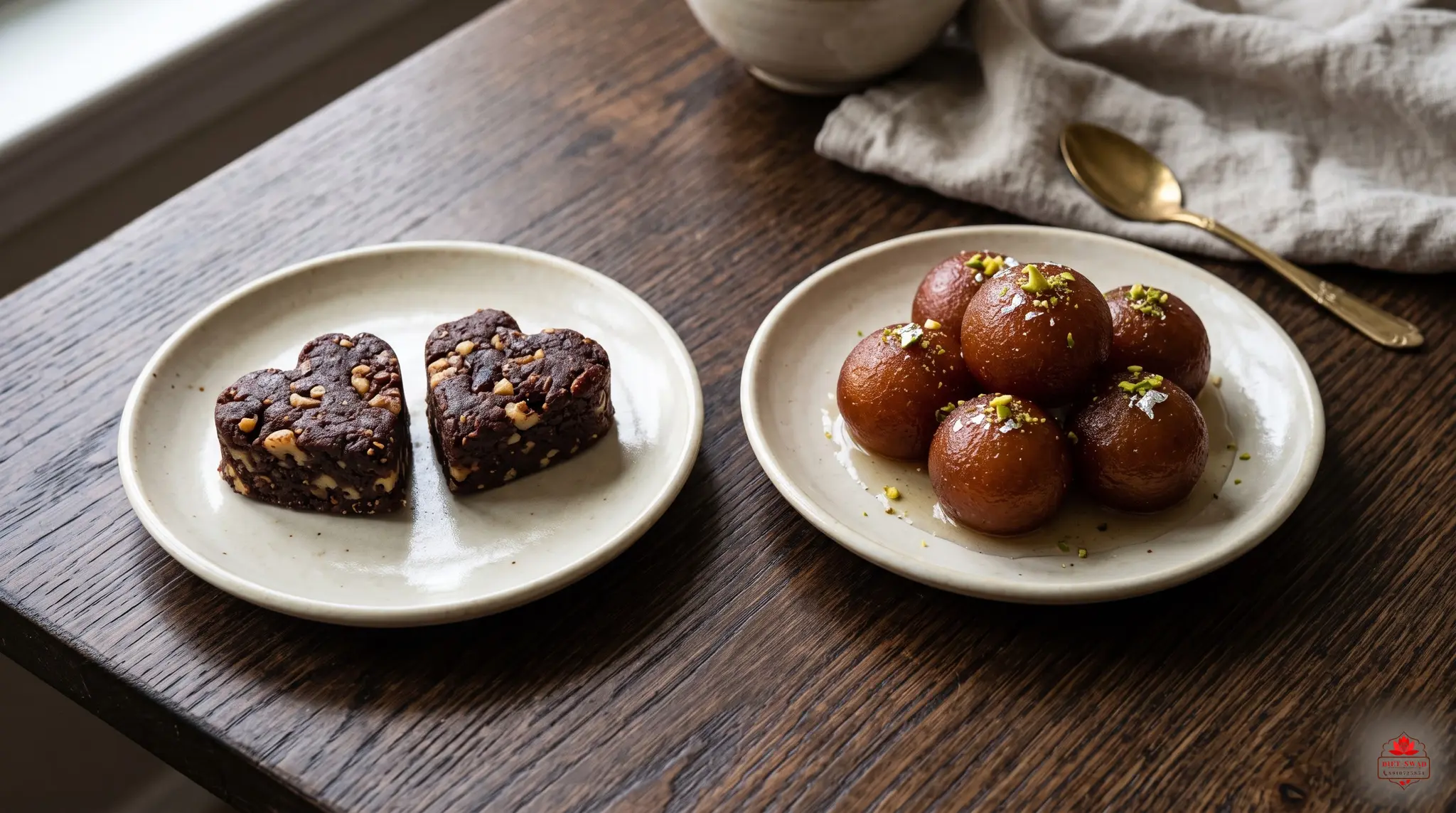 Two heart-shaped date-and-nut bites on one plate beside a plate of syrup-soaked gulab jamun