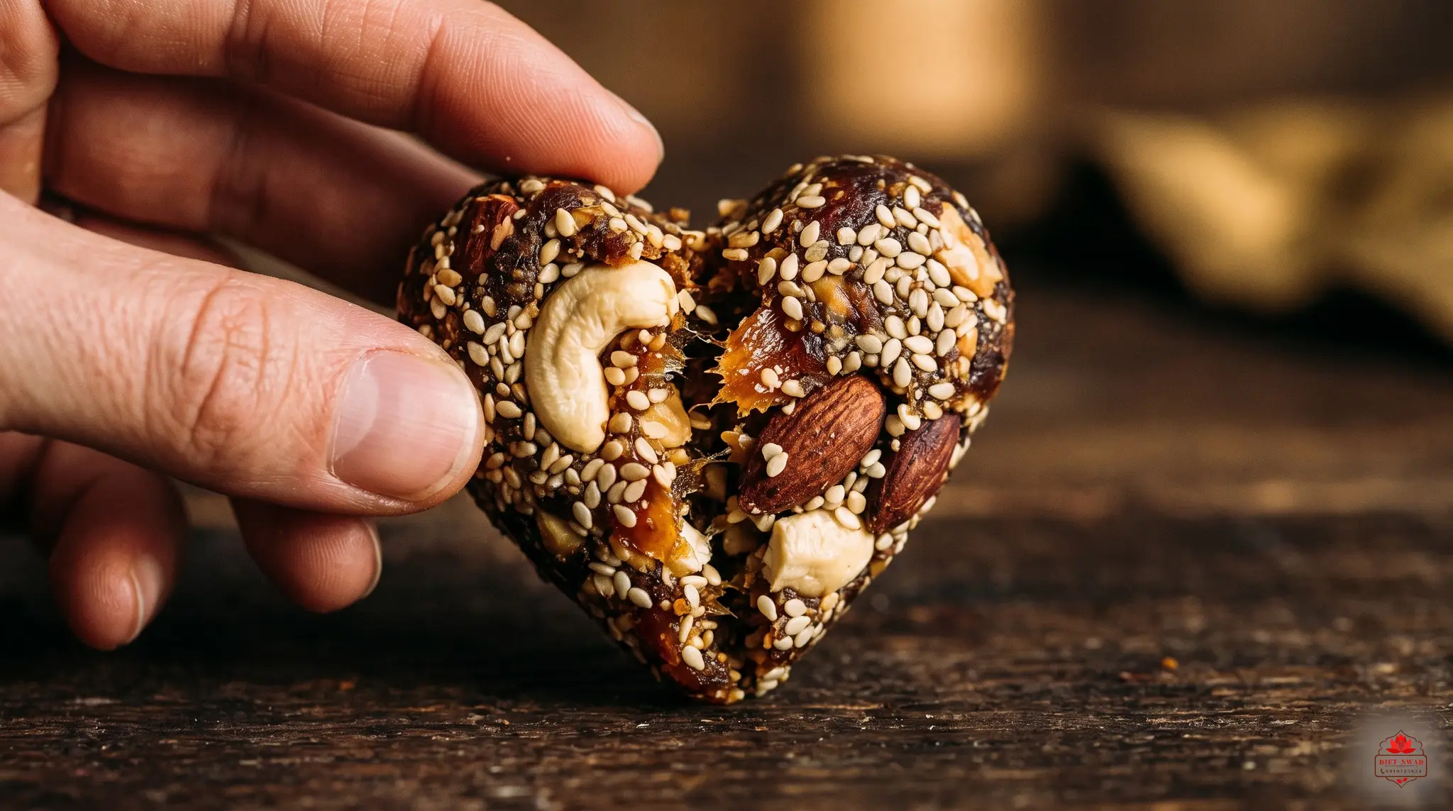 A heart-shaped sesame-coated date-and-nut bite held in the fingers and broken open to show whole cashews and almonds